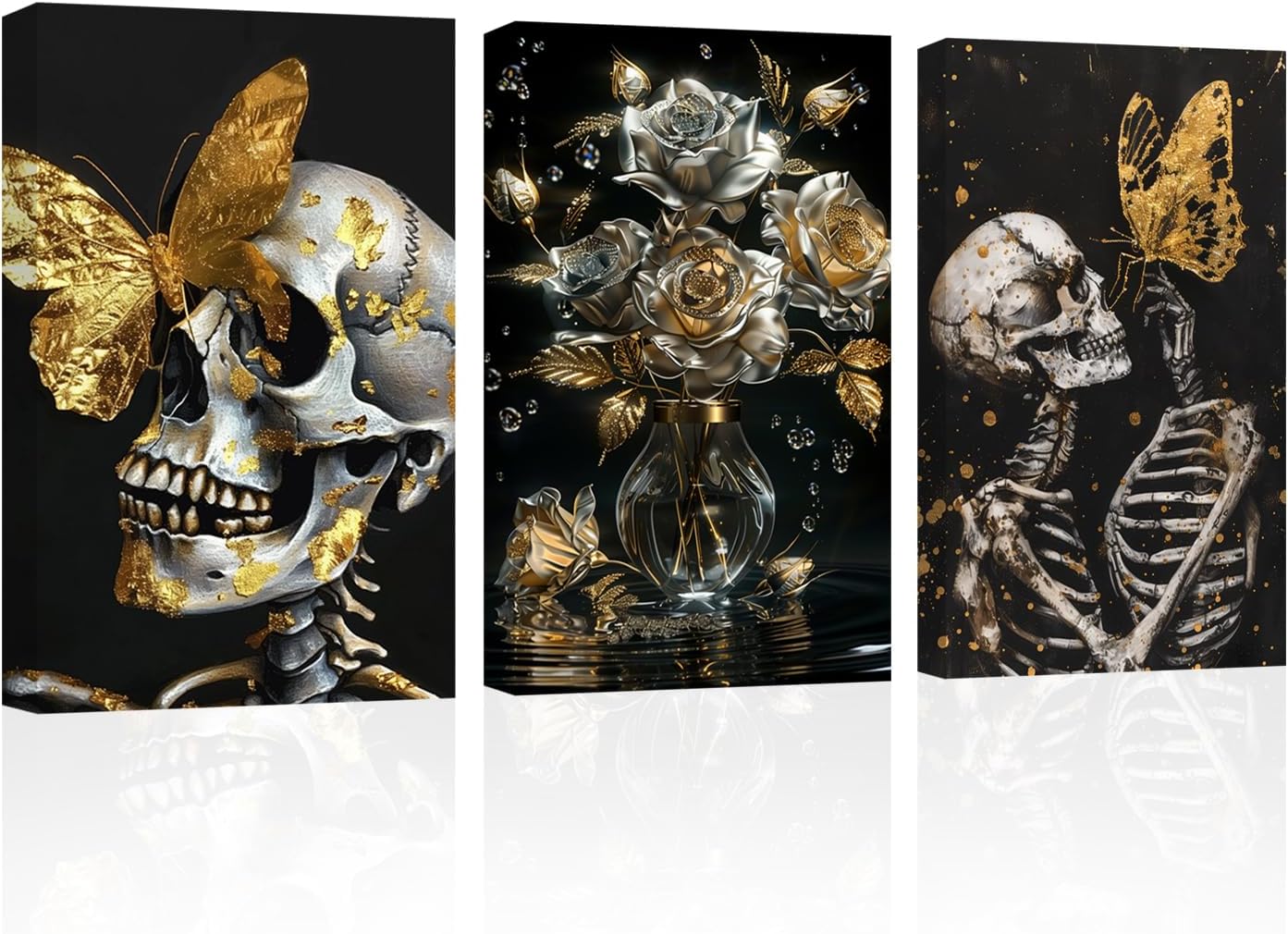 SWQYLB Black and Gold Skull Wall Art 3 Pieces Skeleton and Golden Butterfly Canvas Prints Abstract Floral Picture Poster Gothic Themed Halloween Wall Decor (12.00" x 16.00" x 3PCS)