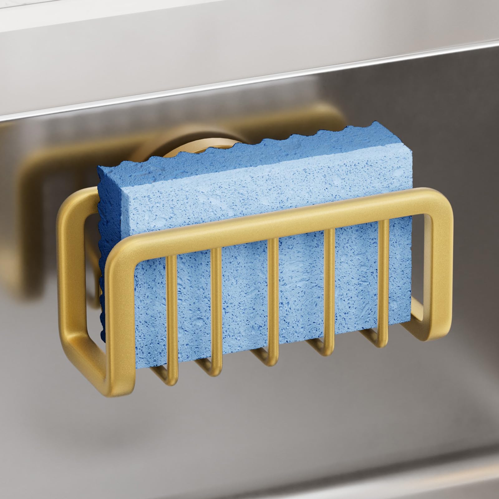 TAILI Sponge Holder with Strong Suction Cup, Sponge Holder for Kitchen inside Sink Storage, Sink Caddy for Dishcloth, Brush, Stopper - Gold