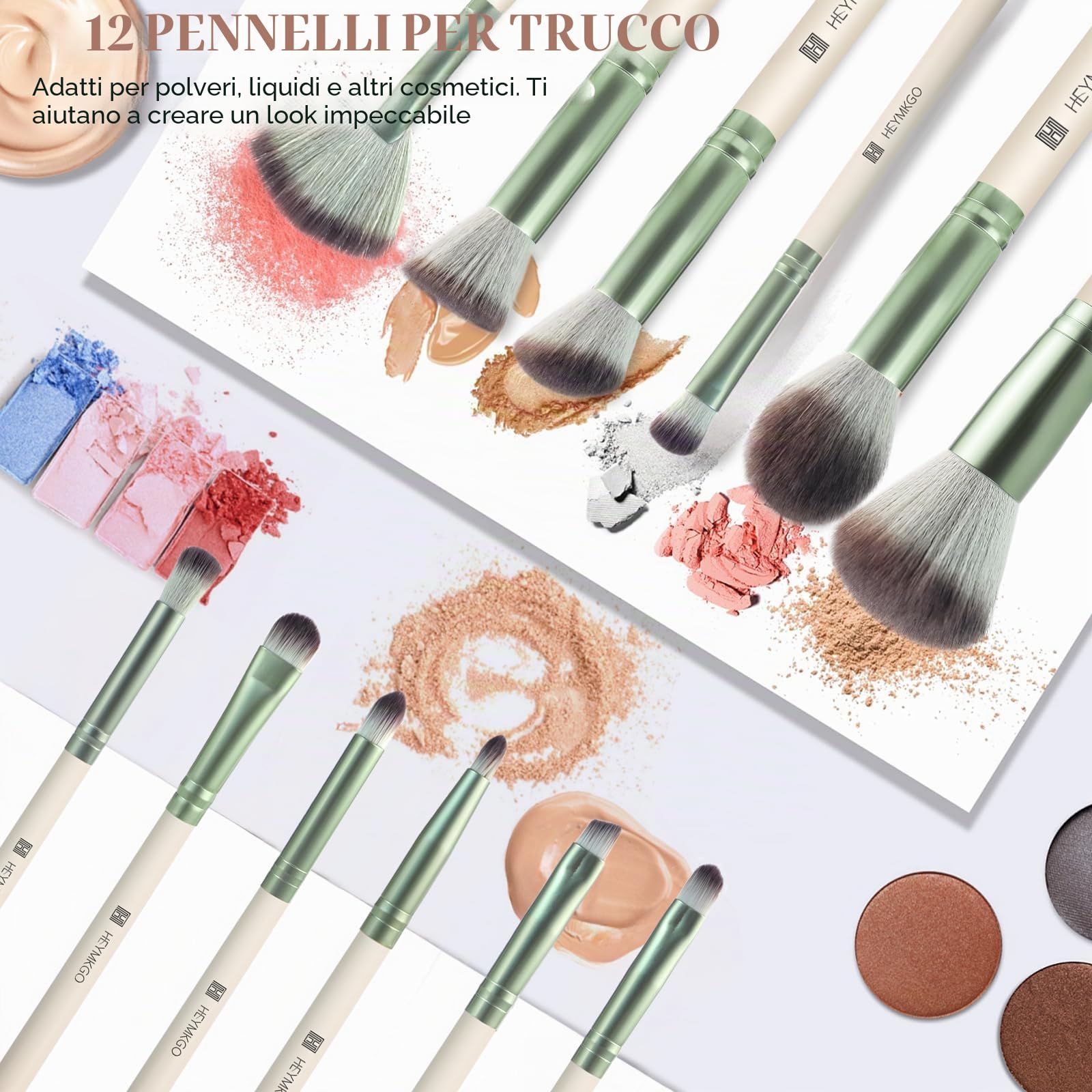 HEYMKGO Pennelli Make Up 12PCS Set di pennelli professionali per il trucco Premium sintetici per fondotinta polvere fard labbra ombretto sopracciglia kit di pennelli per il trucco con borsa da viaggio