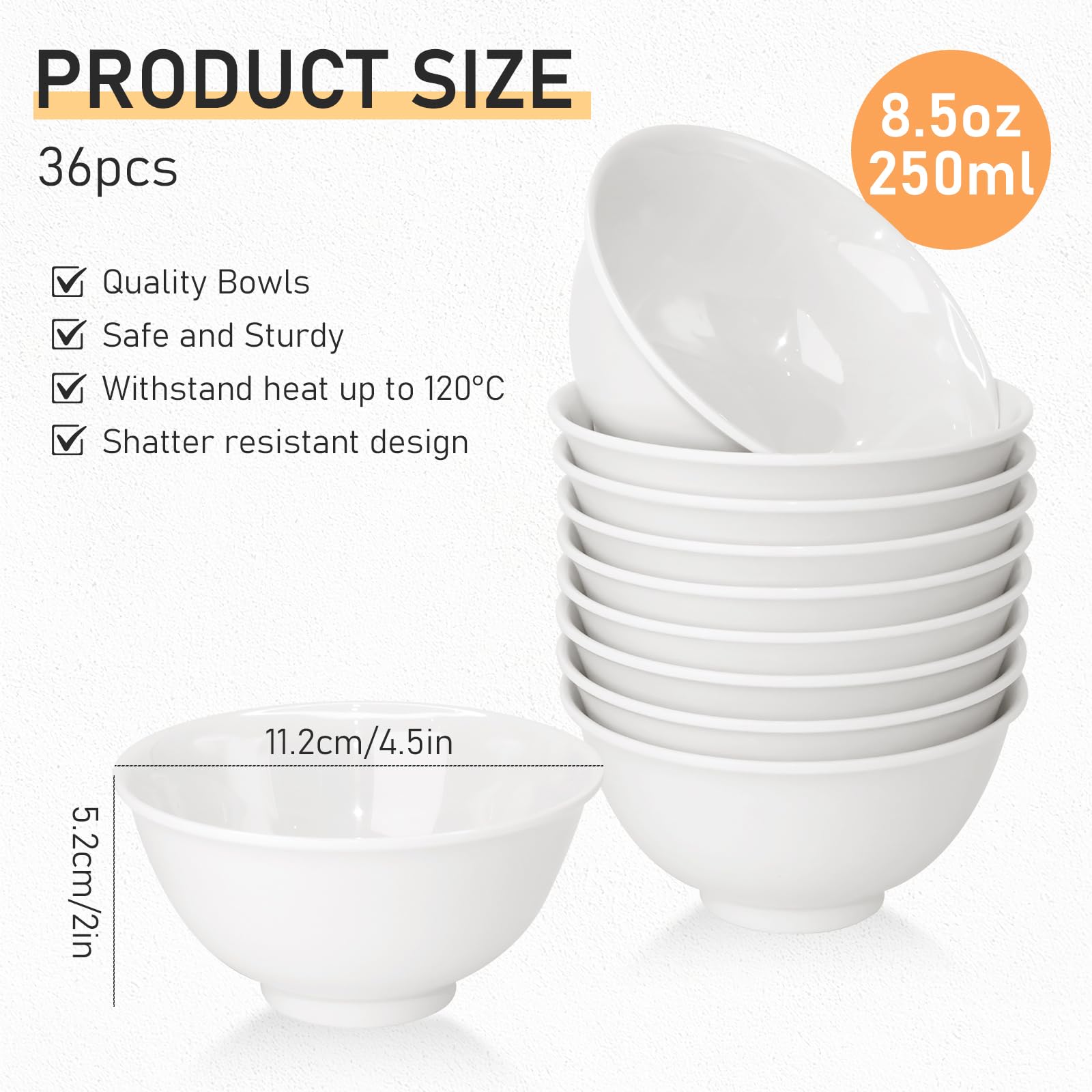 Set di 36 ciotole in melamina bianca, piccole ciotole in plastica per cereali, riutilizzabili, per insalata, pasta, riso, cibo, frutta, dessert