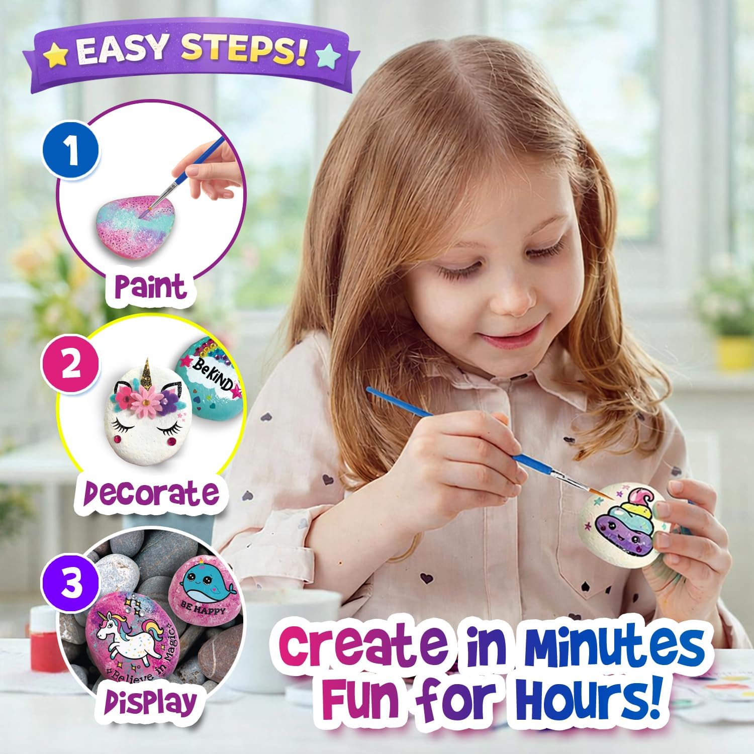 Sii Pikki Unicorn Rock Painting Kit for Kids – Arts and Crafts DIY Set, Paint & Decorate Stones, Kids Craft Kit, Fun Family Activity,Creative Gift for Girls Boys Ages 6+