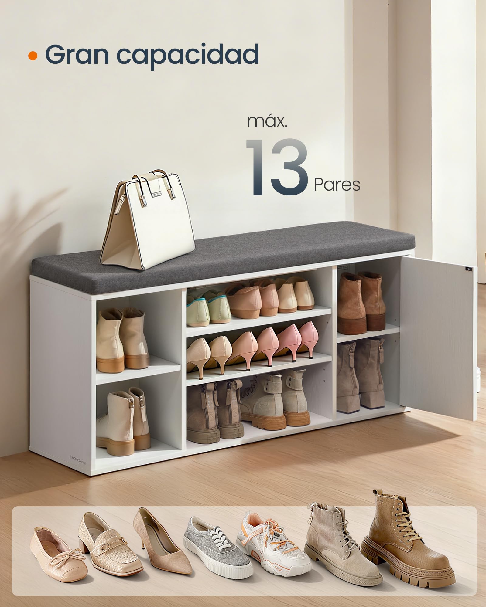 SONGMICS HOME Banco Zapatero, Snapsemble Montaje Súper Rápido, Banco con Almacenaje, Compartimentos Abiertos, Estantes Ajustables, Mueble para Zapatos, Blanco Nieve y Gris Pizarra LHS391WE01