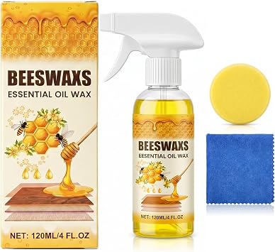 Beeswax Wood Polish Spray, Beeswax Essential Oil Wax, 2026 Upgrade Bees wax Furniture Polish and Cleaner with Sponge and Towel, Natural BeeswaxCleaner for Furniture Floors Cabinets 1Pcs
