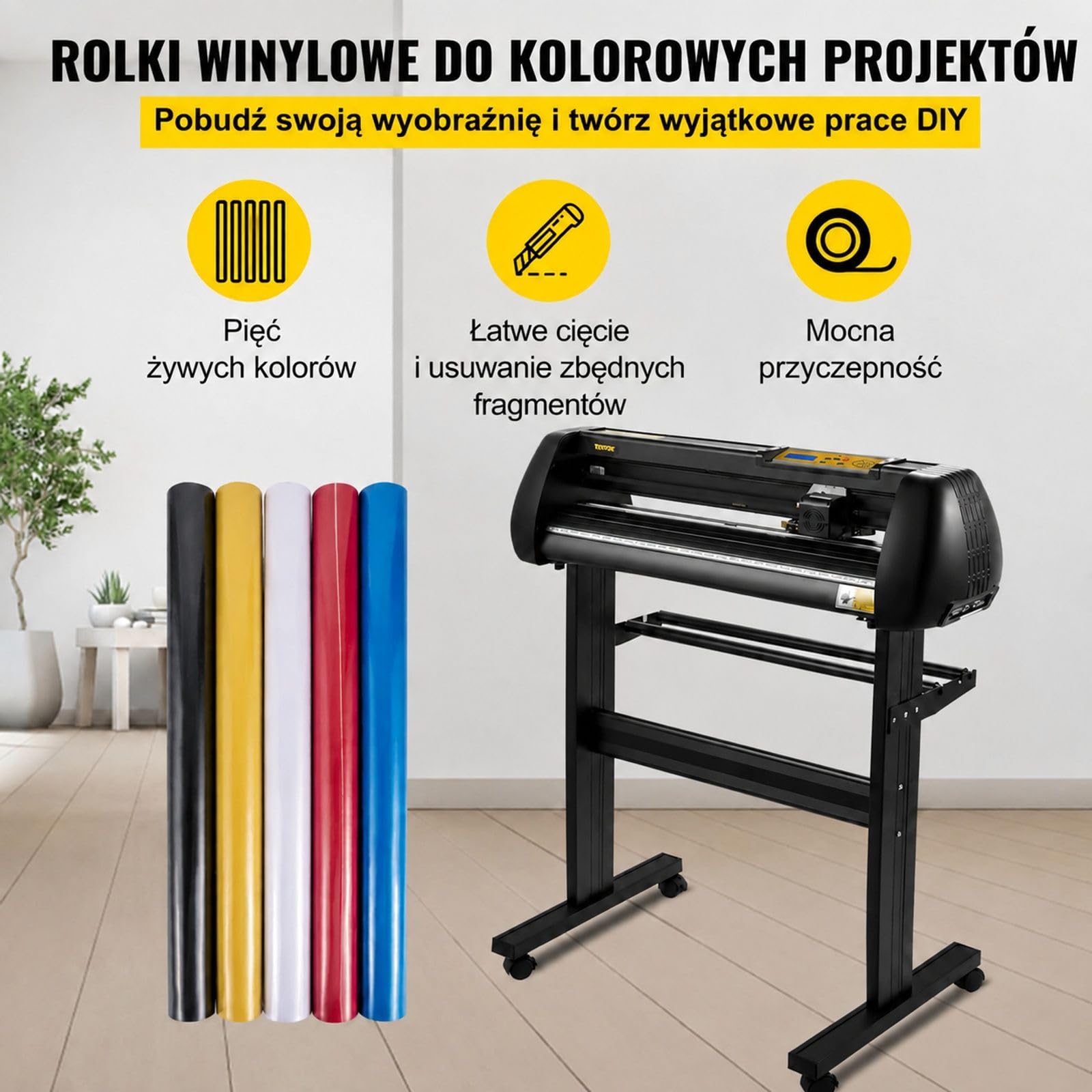 Ploter winylowy z panelem LED, stojakiem podłogowym, pięcioma rolkami oraz ręcznym konturem dla folii