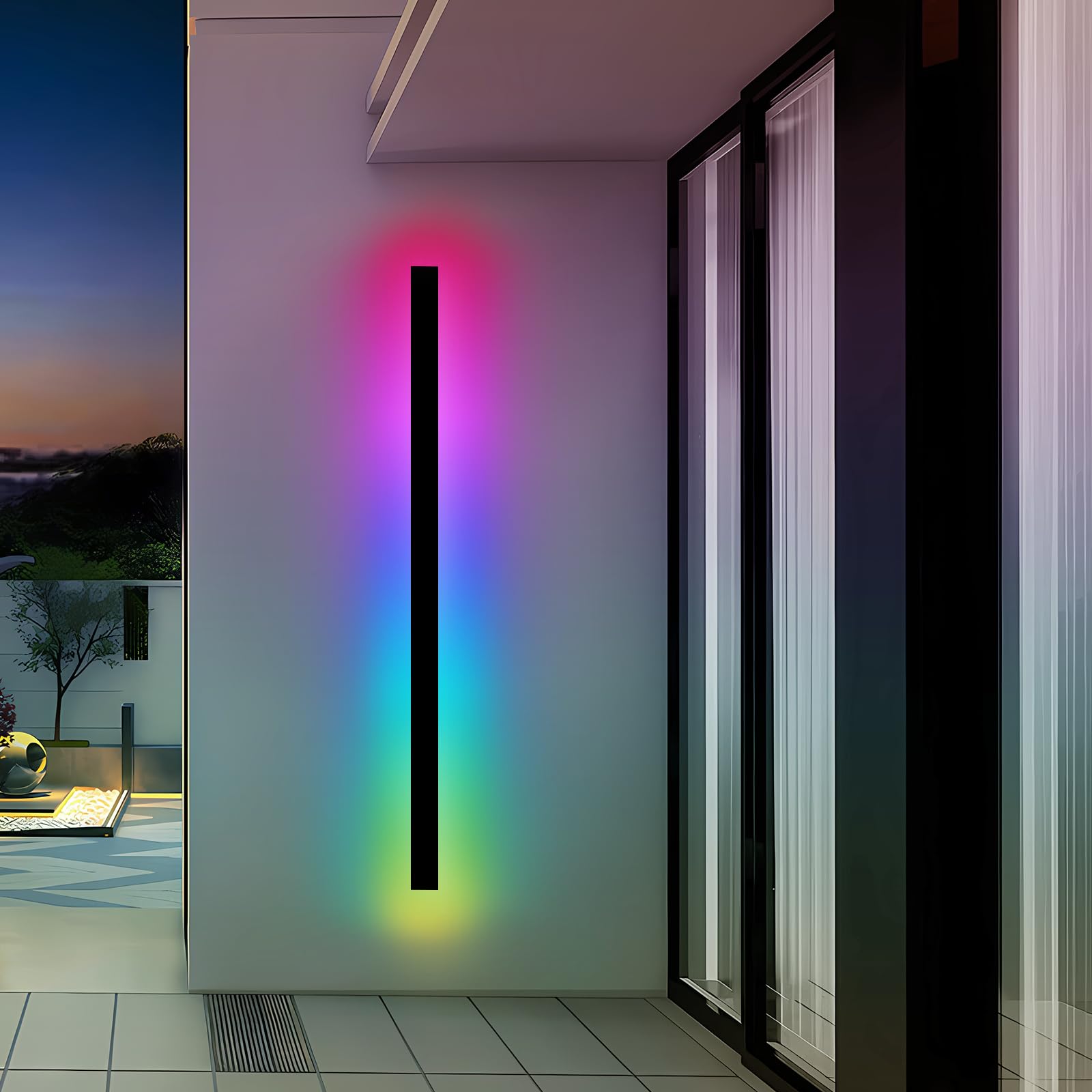 47.2 Inch Garage Exterior Wall Lights, Long Strip Modern Outdoor Wall Sconce, Black LED Wall Mount Lighting Fixture for House, RGB Dimmable Outside Wall Lamp for Porch Corridor