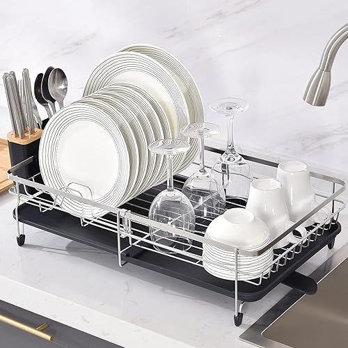 Miniatura 8 de TOOLF Escurridor de platos expandible, estante ajustable de acero inoxidable 304, escurridor de platos plegable con soporte extraíble para cubiertos
