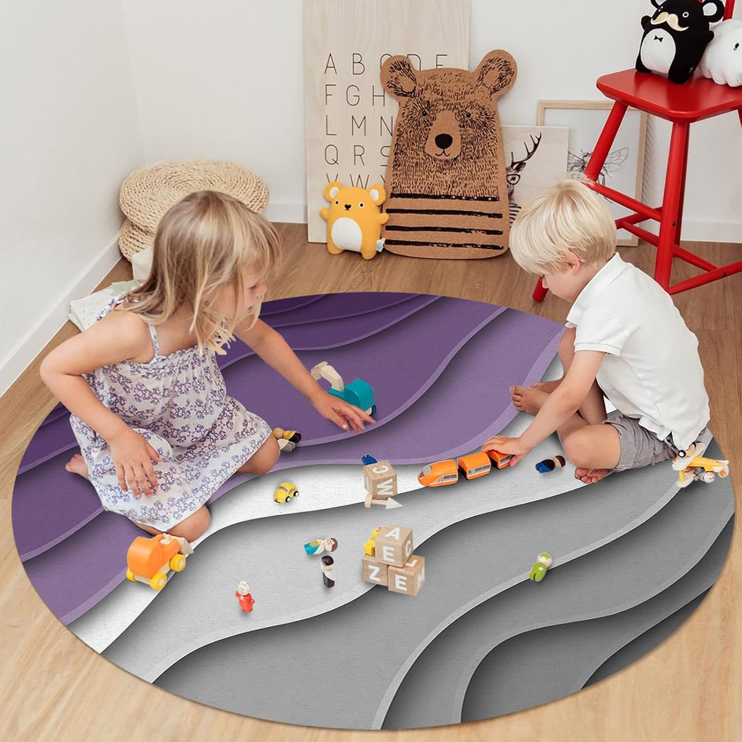 Purple Gray Abstract Area Rug, Gradient Modern Geometric Aesthetic Round Accent Rugs, Washable Indoor Floor Mat Soft Carpet 3 Feet for Bedroom Living Room Home Decoration