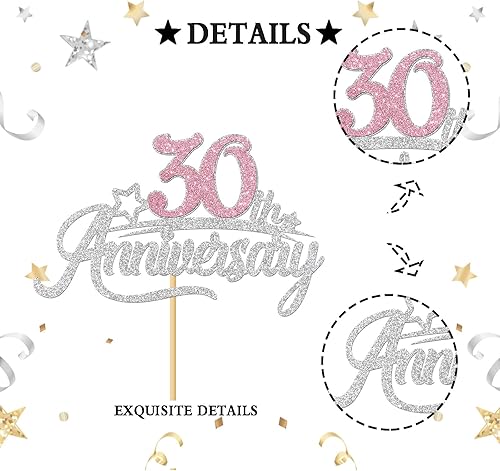 Miniatura 2 de INNORU Decoración para tartas de 30 aniversario, 30 cumpleaños, feliz 30 aniversario de boda, decoración de fiesta de aniversario de boda, purpurina