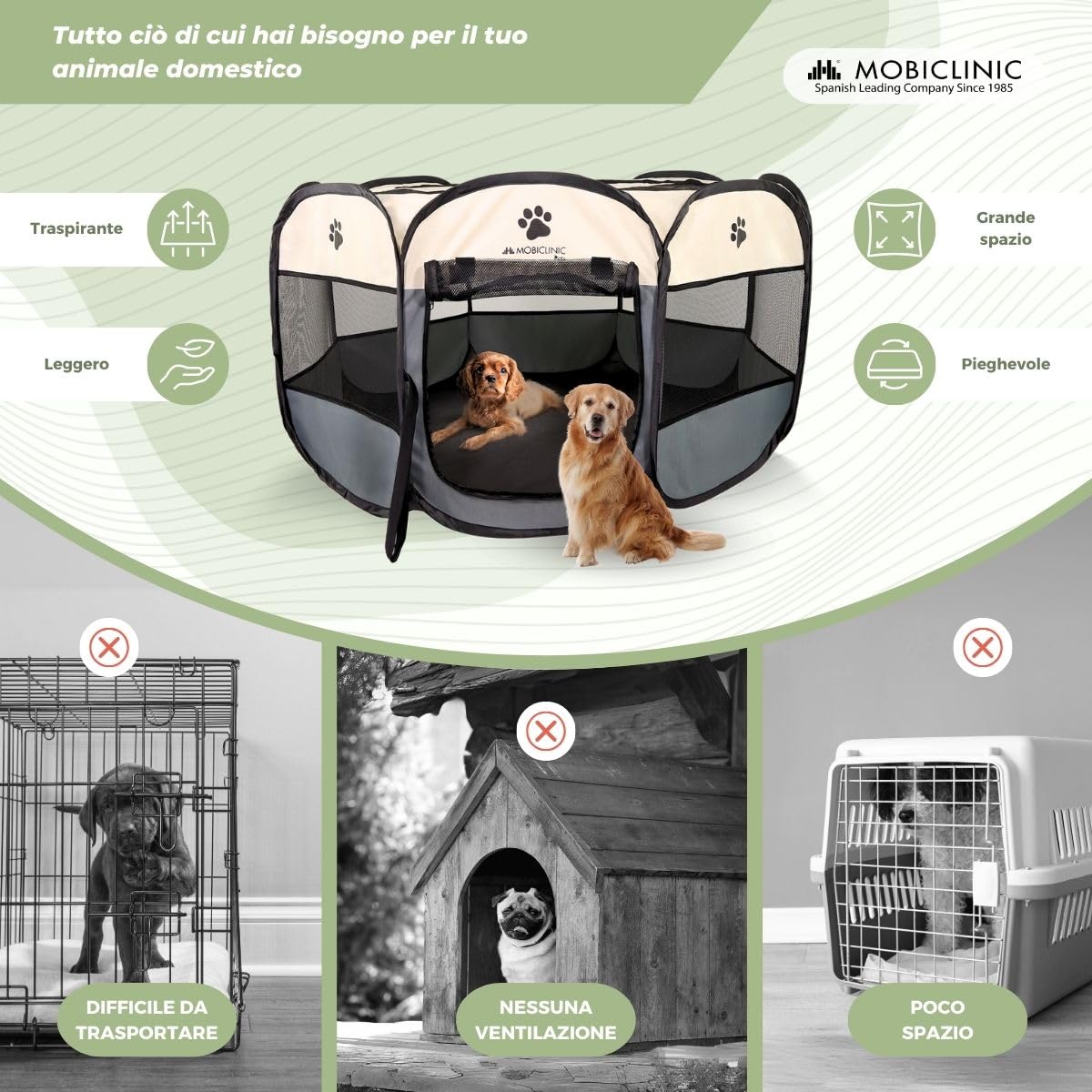 Mobiclinic® pets, Box Pieghevole Per Animali Domestici, 114x114x58 cm, Scooby, 2 accessi, 8 finestre, Elastico il ripiegamento, Interni ed esterni, Tessuto in rete 600d, Facile da pulire, Grigio