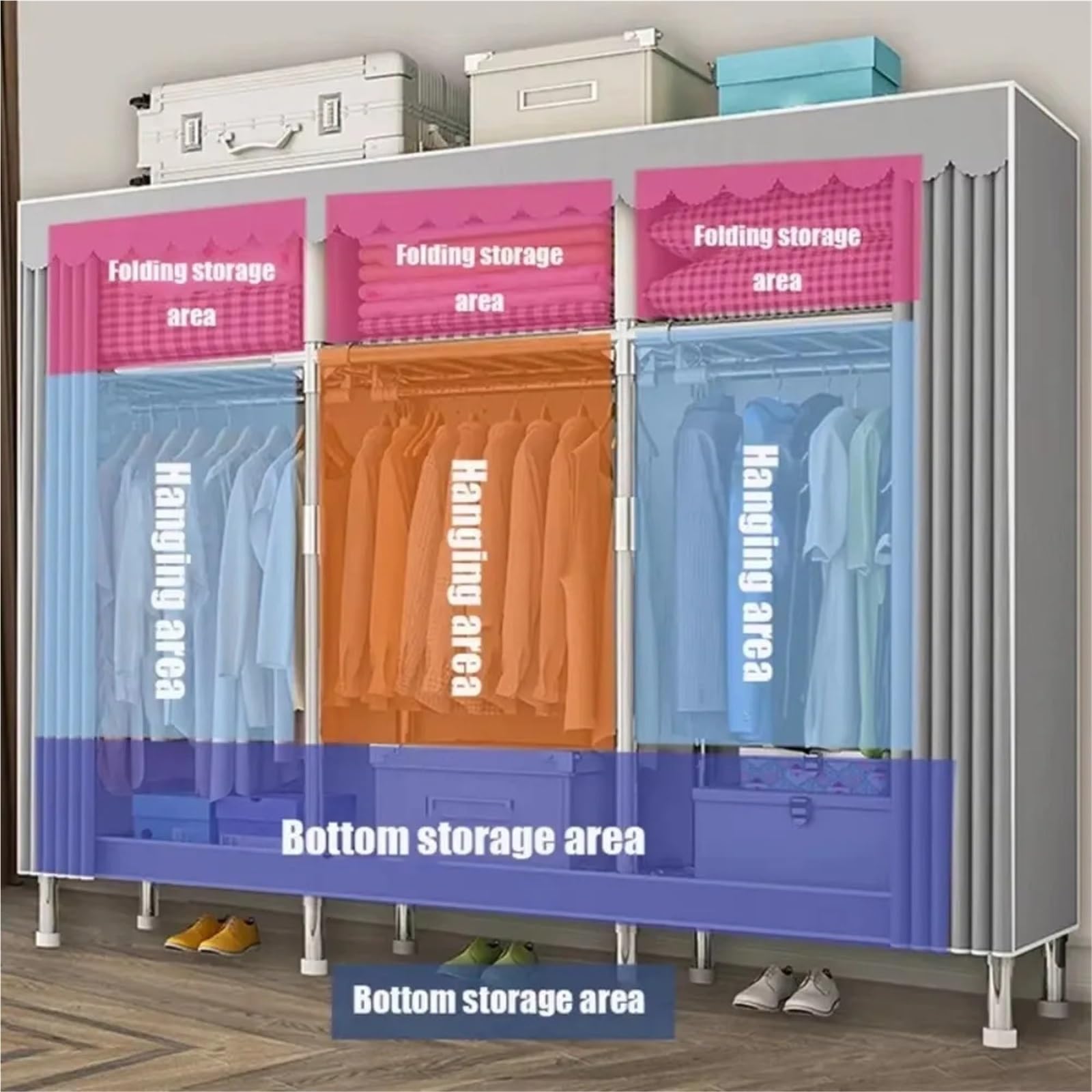 Leinwand-Kleiderschrank Einfacher Kleiderschrank Einfachheit Kleiderschränke Oxford-Stoff Wasserdichter Schrank Schlafzimmer Kleidung Aufbewahrungsschrank Platzsparender Organizer(168x46x173cm)