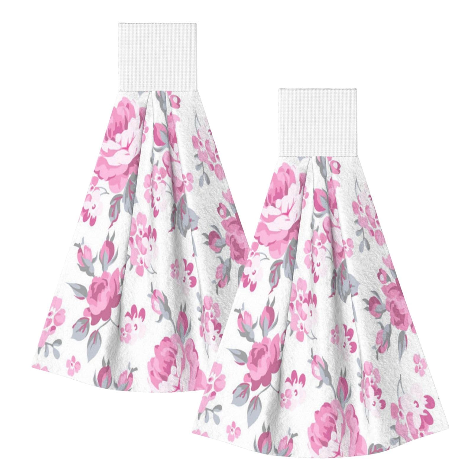 DOPKLNA Shabby Chic Floral Pink Pattern Pale Roses White, 2 Pcs Hanging Coral Fiber Hand Towels for Bathroom, Absorbent Kitchen Towels