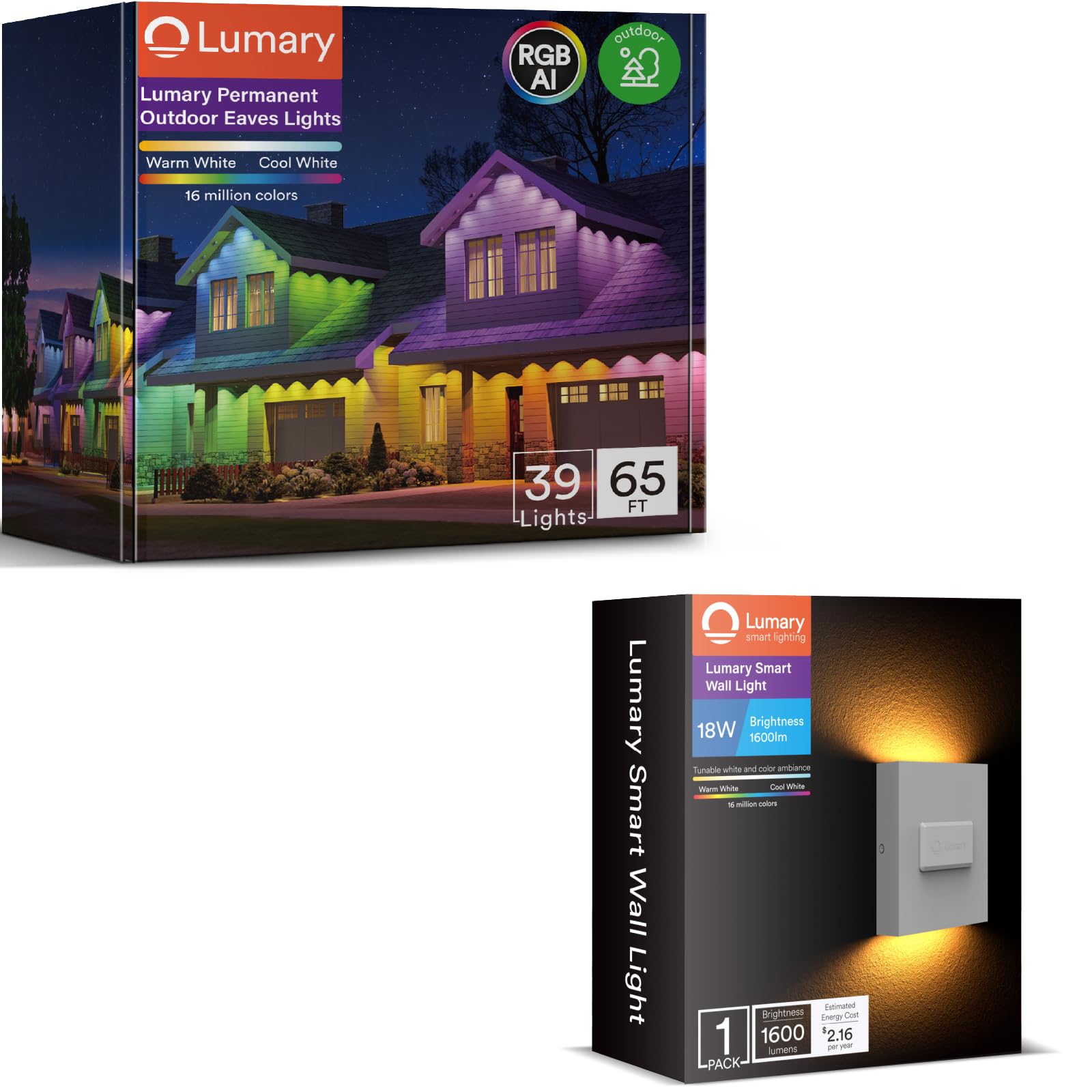 Lumary Permanent Outdoor Lights 65ft with 39 LED Lights, RGBAI Smart Eaves Lights IP65 Waterproof, Year-Round Outdoor Lighting for Halloween, Christmas, Holiday, Party, APP/Voice/Remote/Control
