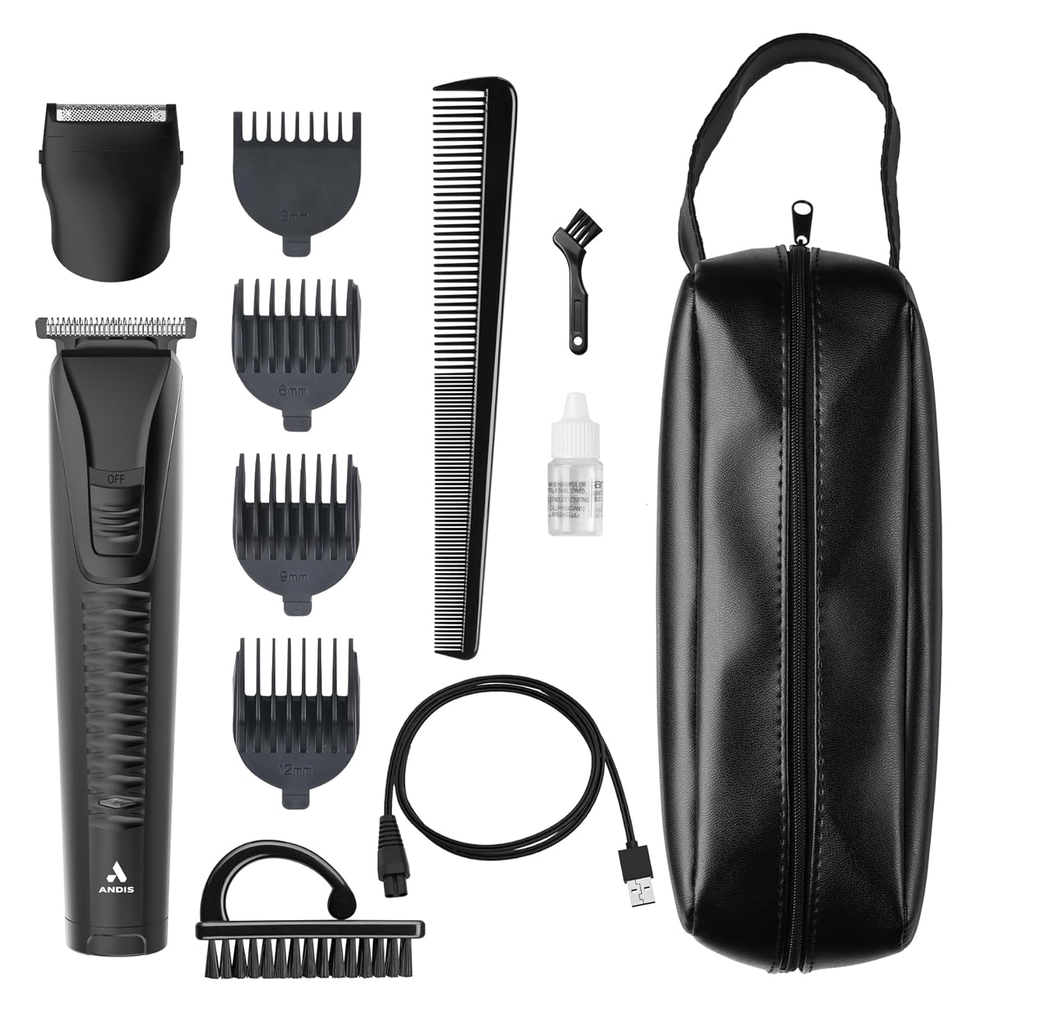 Andis 563070 inLINER All-in-One Cordless Beard & Hair Trimmer, 12-Piece Kit, Compact and Quiet, Removeable T-Blade, Includes Shaver Head Attachment, Black