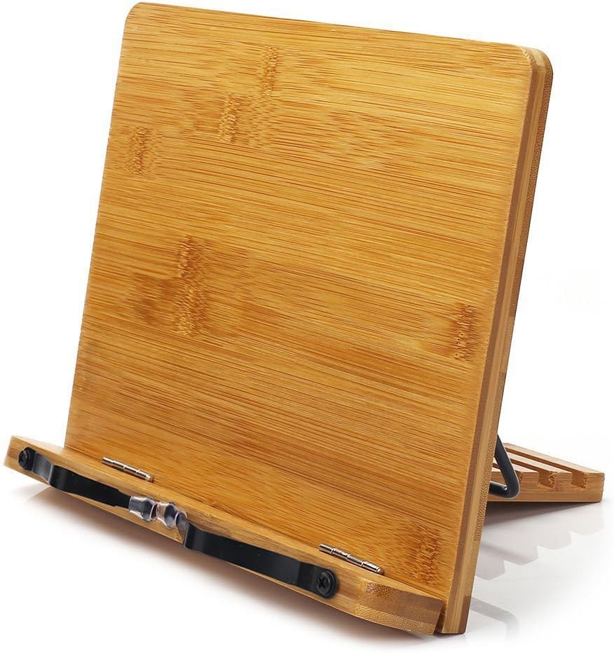 wishacc Bamboo Book Stand,wihacc Adjustable Book Holder Tray and Page Paper Clips-Cookbook Reading Desk Portable Sturdy Lightweight Bookstand-Textbooks Bookstands-Music Books Tablet Cook Recipe Stands