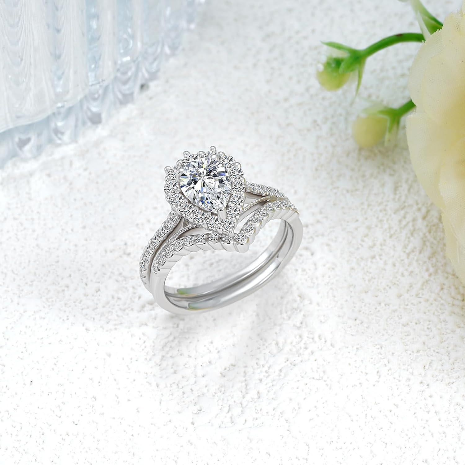 2.0 Carat(cttw) Pear-Cut Moissanite Halo Engagement Rings Sets for Women,10K 14K 18K Real Gold Wedding Bands Sets,Bridal Ring Sets with Free Engraving