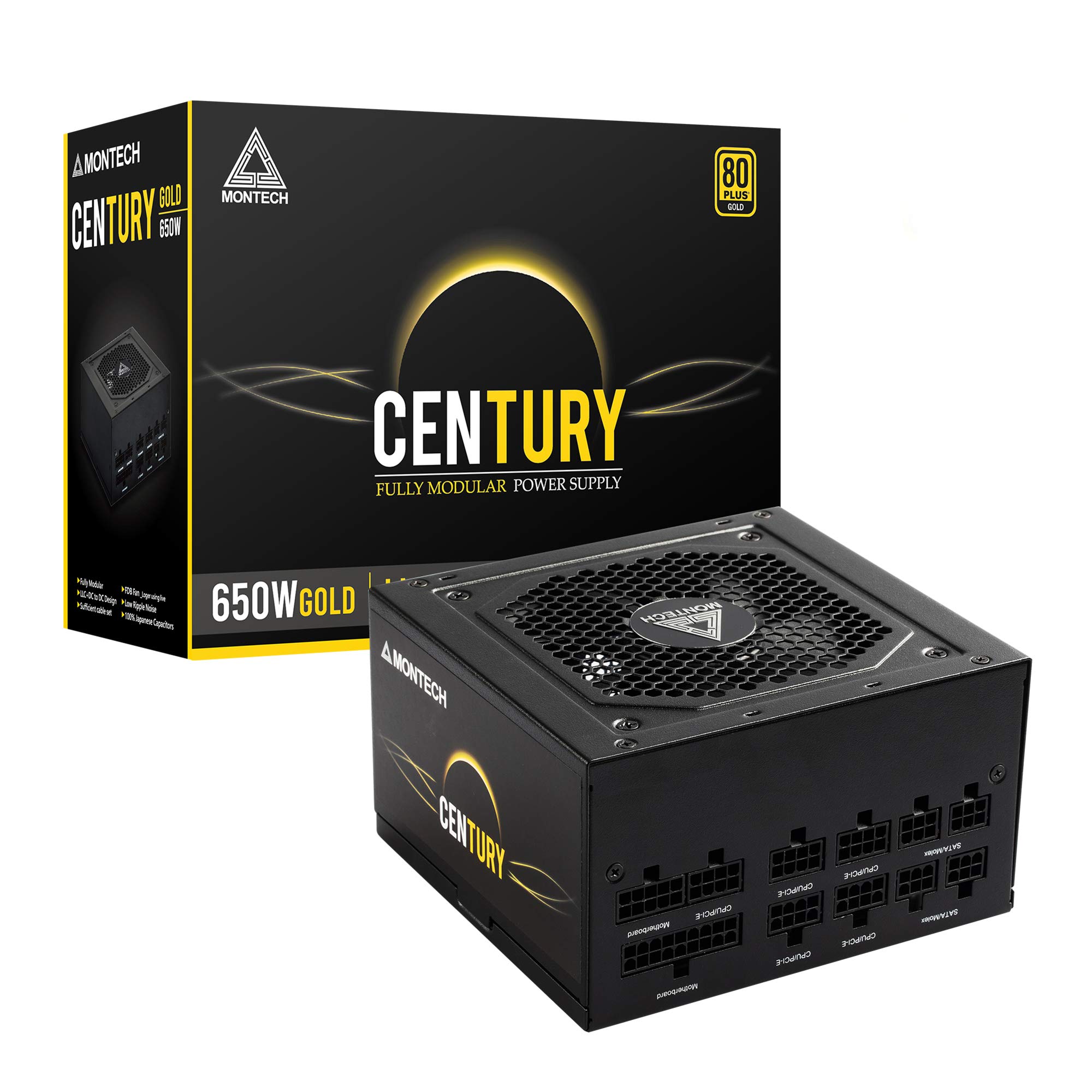 Montech Century 650 Watt 80 Plus Gold Certified w pełni modułowy zasilacz, kompaktowy rozmiar ATX, wentylator FDB Premium, pełne japońskie kondensatory, kompozyty o wysokiej wydajności