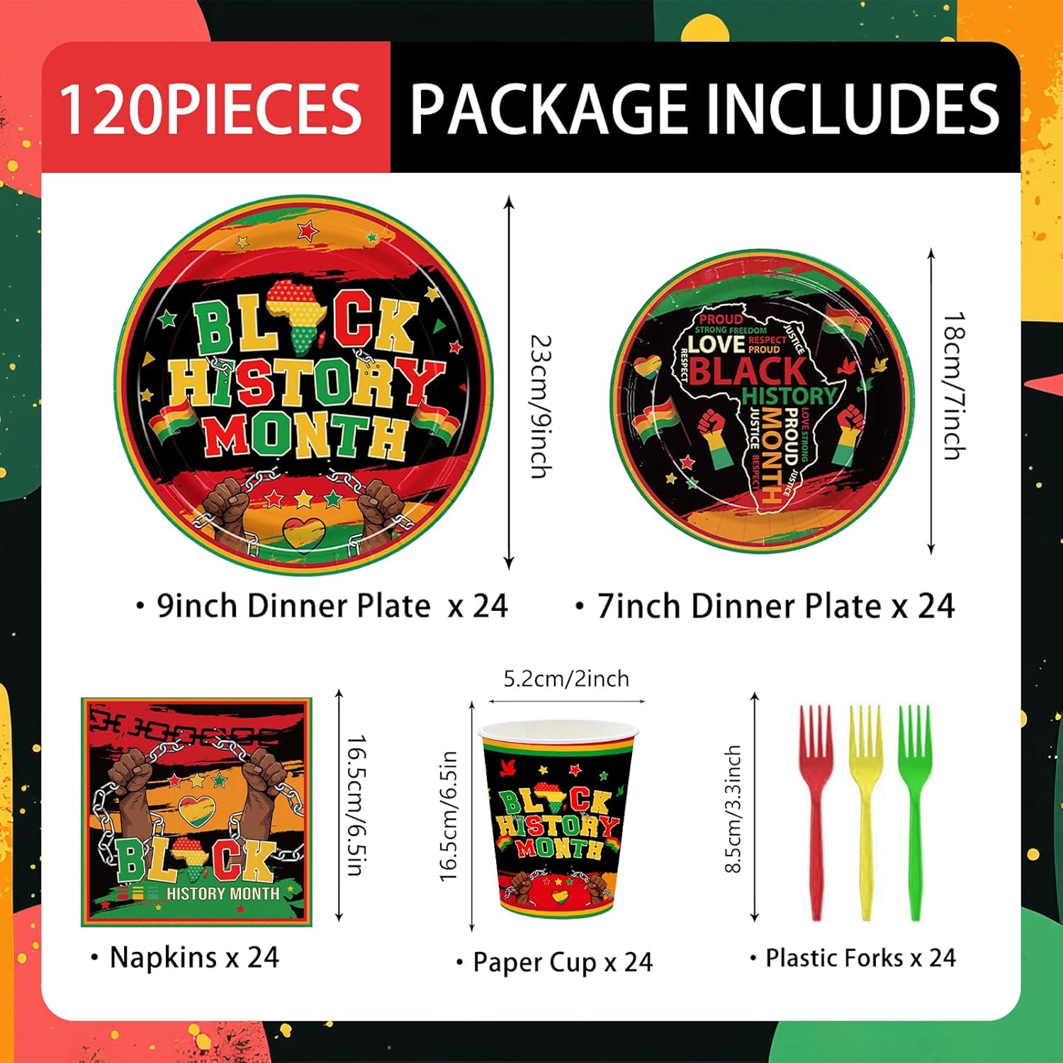 120pcs Black History Month Decorations Disposable Paper Plates Napkins Supplies Tableware Set Cutlery Dinnerware for Juneteenth Freedom Day Party Serve 24 Guests
