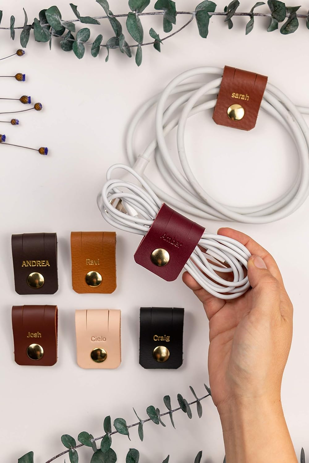 KEYAIIRA - Set of 3 Personalized Leather Cable Cord Holders Gold Snap Closure - Laptop Charging Cord Keeper, Earbud Organizer Customized Monogram Gift tech, Stocking Stuffer, Travel Accessories