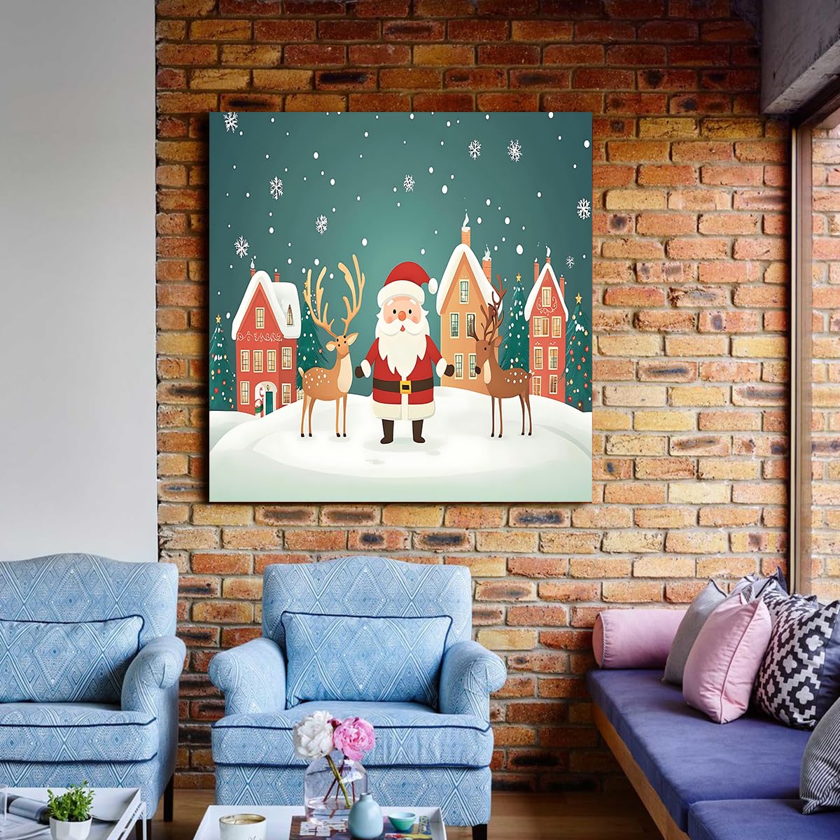 SHENGPOSTER Wydruki na płótnie kreskówka z Santa Renifer Boże Narodzenie scena śnieg gotowy do powieszenia do salonu jadalni Home Decor nastolatek Rooney 55x55cm rama wewnętrzna