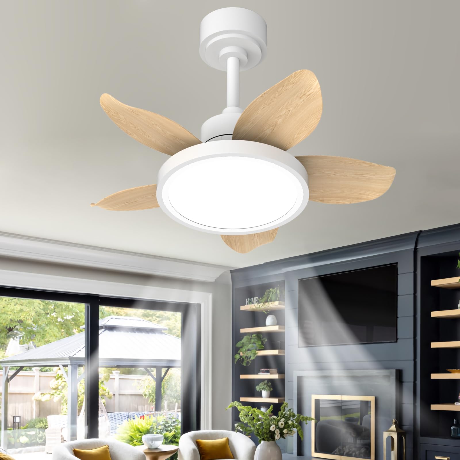 SXDMOUBK 5-Blade Quiet Ceiling Fan with Lights & Remote Control 25in Natural Wood LED Chlier Fan Dimmable 6 Speeds Reversible Timer for Bedroom & Living Room