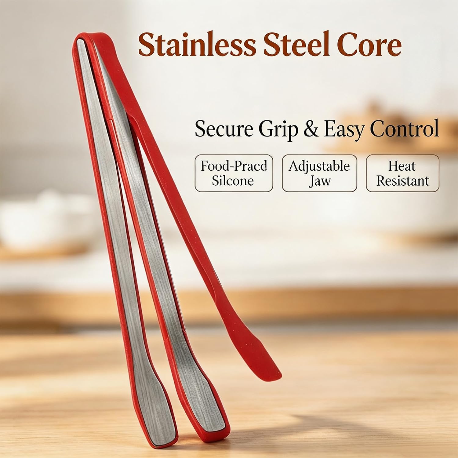 11-Inch Silicone Tongs for Cooking, Heat Resistant Kitchen Tongs with Silicone Tips and Sturdy Stainless Steel Core, Non-Stick Safe for Air Fryer, Flipping, BBQ, and Salad (Red)