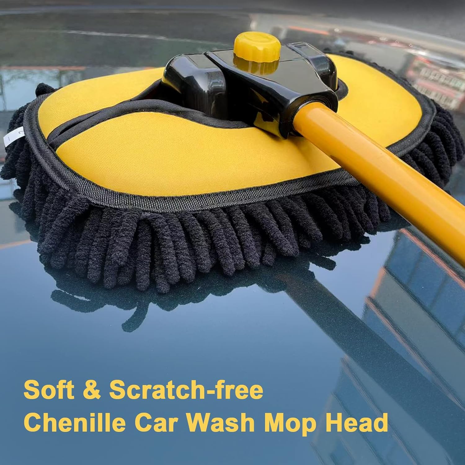 YeewayVeh Car Wash Brush Mop with Long Handle, 55" Car Wash Brush with 2 Replaceable Microfiber Mop Heads, 15° Curved Extension Pole Auto Cleaning Wash Kit for Truck SUV RV Camper, Yellow