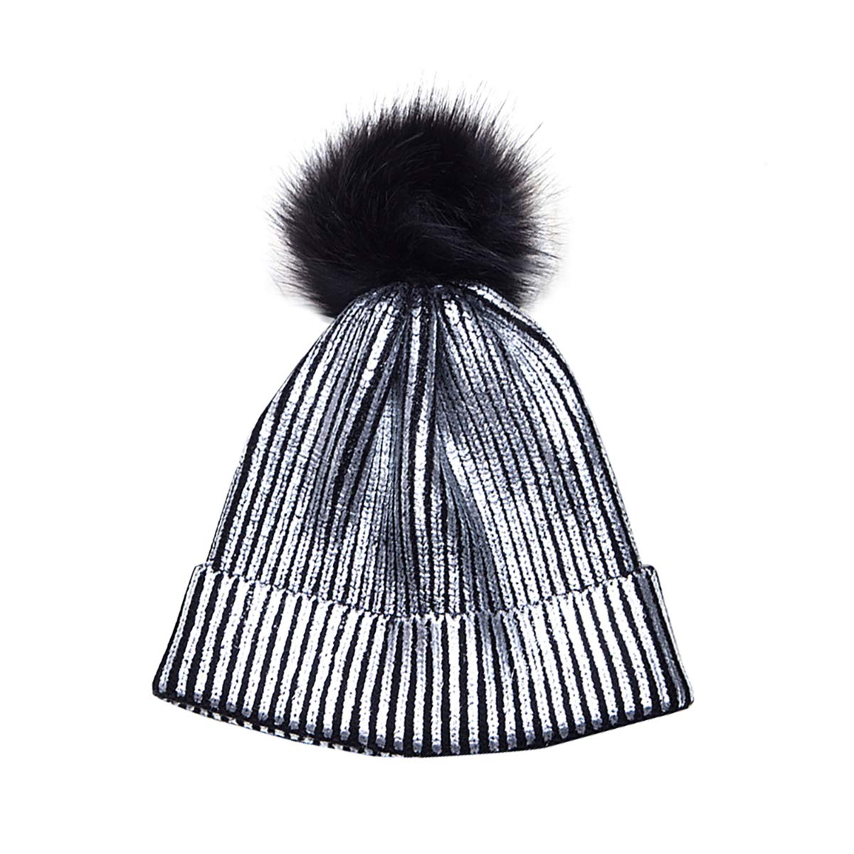 Cozylkx Women Skullies Beanie Hat, Winter Warm Glitter Sequin Knitting Bronzing Pom Pom Cap for Ladies Girls, Silver