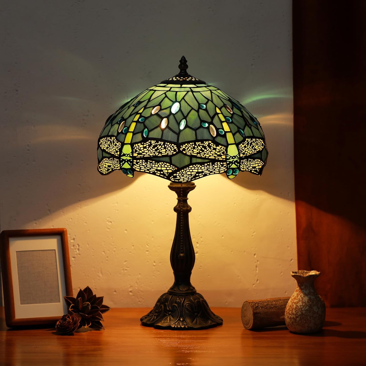 Tiffany Lamps Sea Blue Dragonfly Style Stained Glass Table Lamp Desk Bedside Reading Light 12X12X18.5 Inches with Bronze Resin Base Applicable to Bedroom Living Room Office