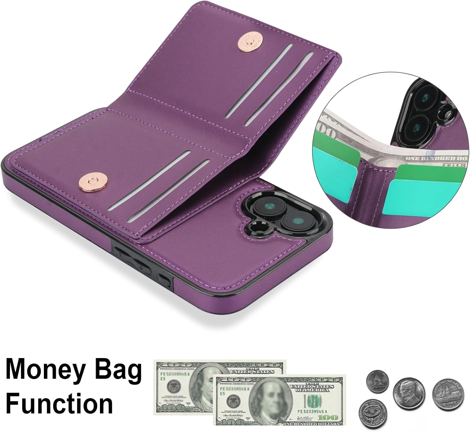 TIANLI Compatible with iPhone 16 Wallet Case with Card Holder, 360° Rotation Ring Kickstand RFID Blocking PU Leather Double Magnetic Clasp Shockproof Cover for Women Man,Dark Purple