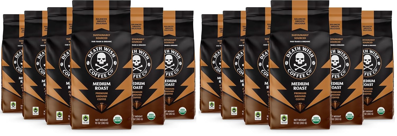 Death Wish Coffee, Medium Roast Ground Coffee, 12 pack