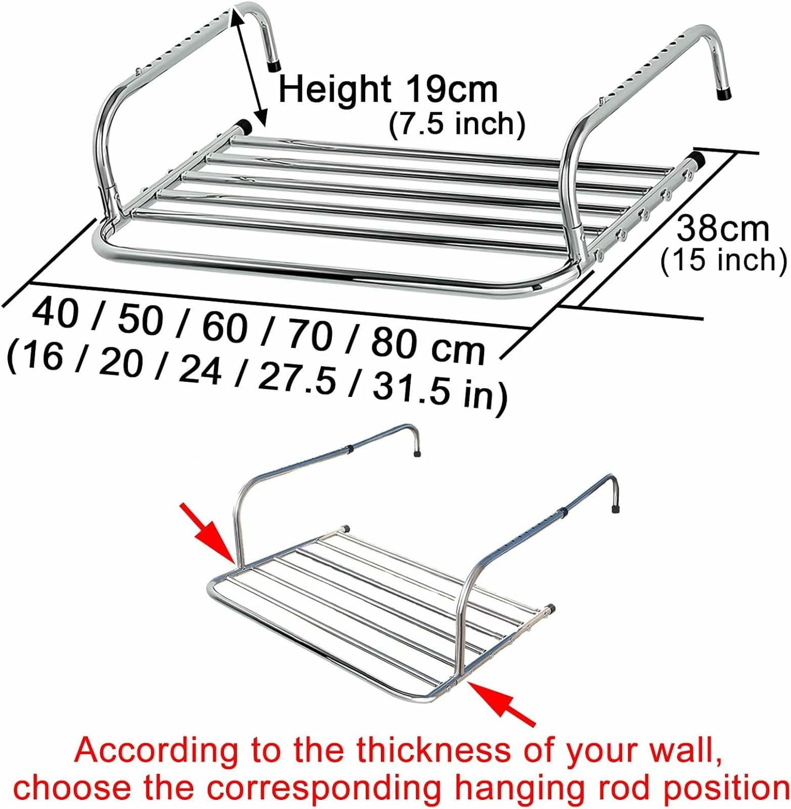 Wäscheständer, klappbare, verstellbare Kleiderbügel aus Edelstahl, Trockenständer für drinnen und draußen für Geländer und Fensterbänke (80 cm)