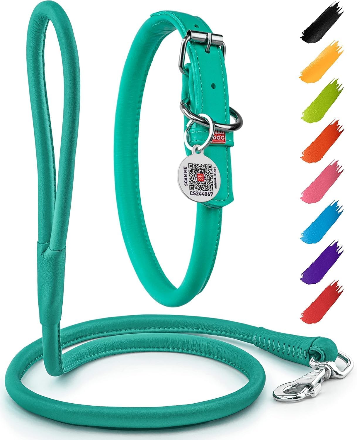 Rolled Leather Dog Collar Mint 10" - 13" Neck/Rolled Leather Dog Leash Mint 4 Ft