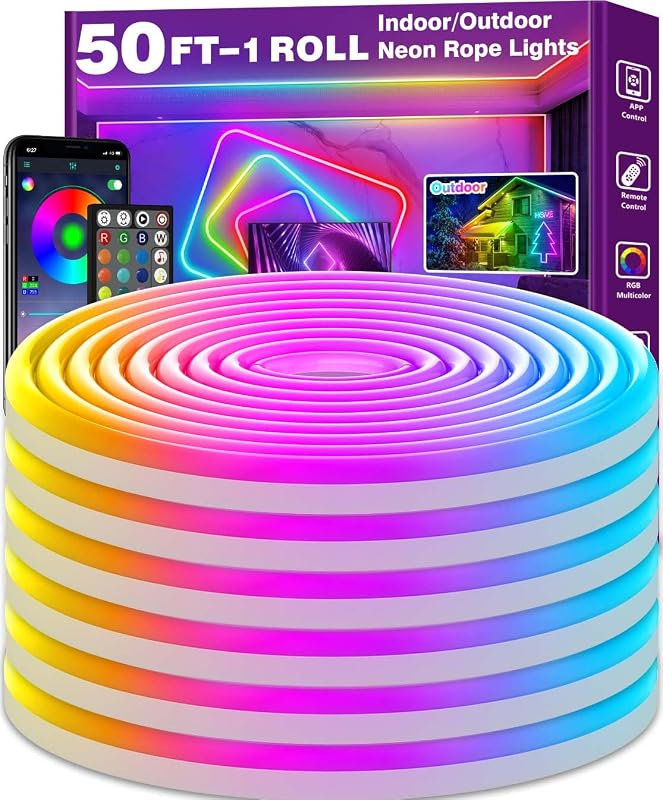 AILBTON Luces de cuerda de neón de 50 pies, control de luces de cuerda LED flexibles con aplicación/control remoto, múltiples modos de sincronización de música para juegos RGB luces de neón LED para dormitorio al aire libre