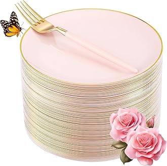 LIYH 96 Pcs Pink Gold Disposable Dessert Plates & Forks Set - 7.5 Inch Salad Cake Appetizer Plastic Plates for Parties, Birthdays, Baby Showers 48 Guests