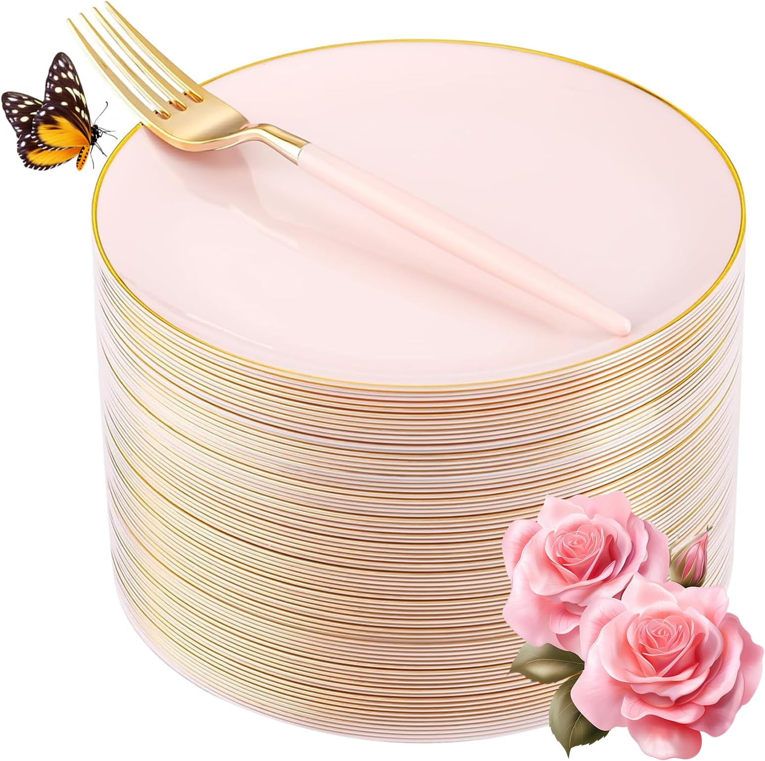 LIYH 96 Pcs Pink Gold Disposable Dessert Plates & Forks Set - 7.5 Inch Salad Cake Appetizer Plastic Plates for Parties, Birthdays, Baby Showers 48 Guests