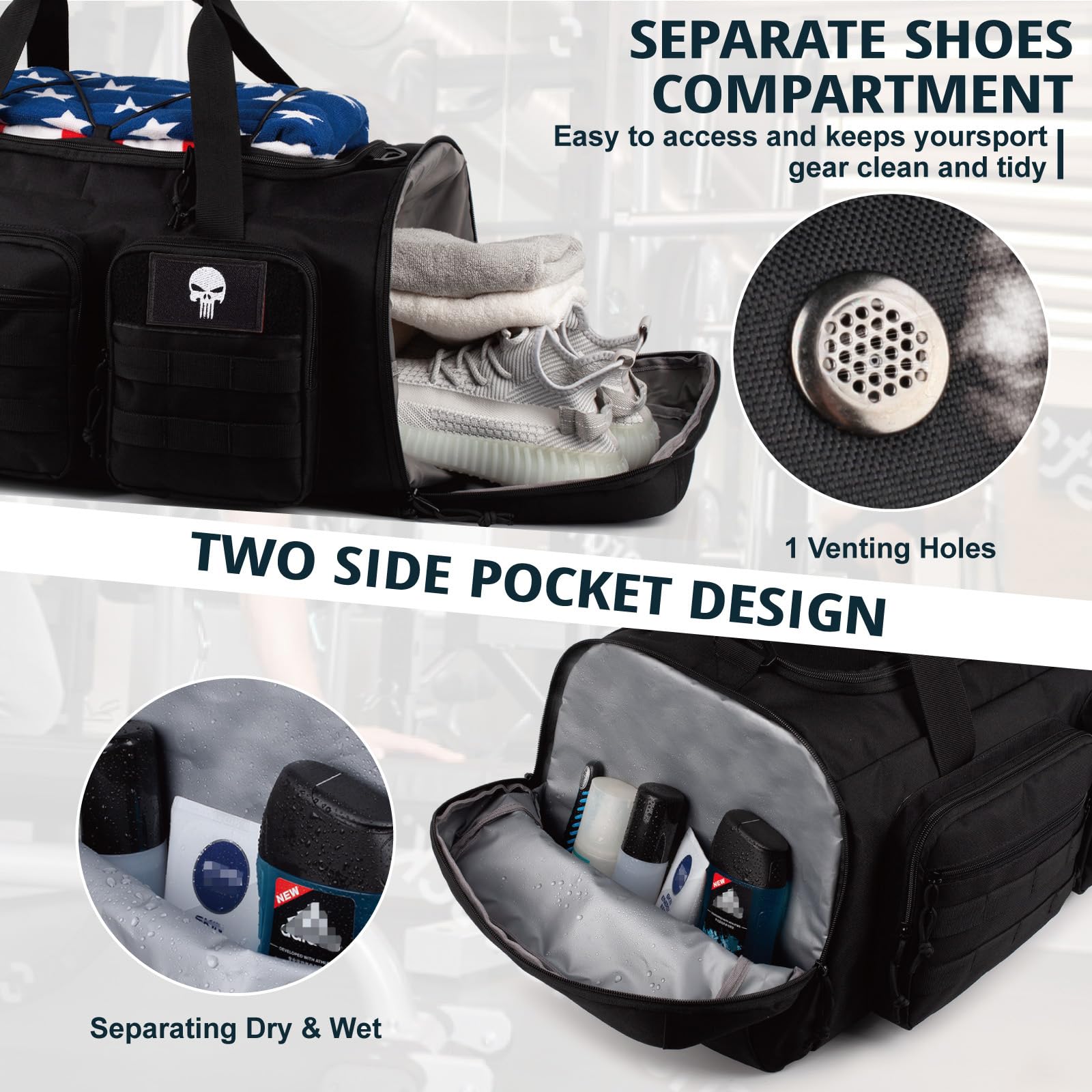 Borsa Palestra Tattica 3 in 1 da 50L per Uomo e Donna – Zaino da Viaggio Impermeabile con Scomparto Scarpe e Tasca Umida – Borsone Sportivo Weekend, Viaggio, Notte