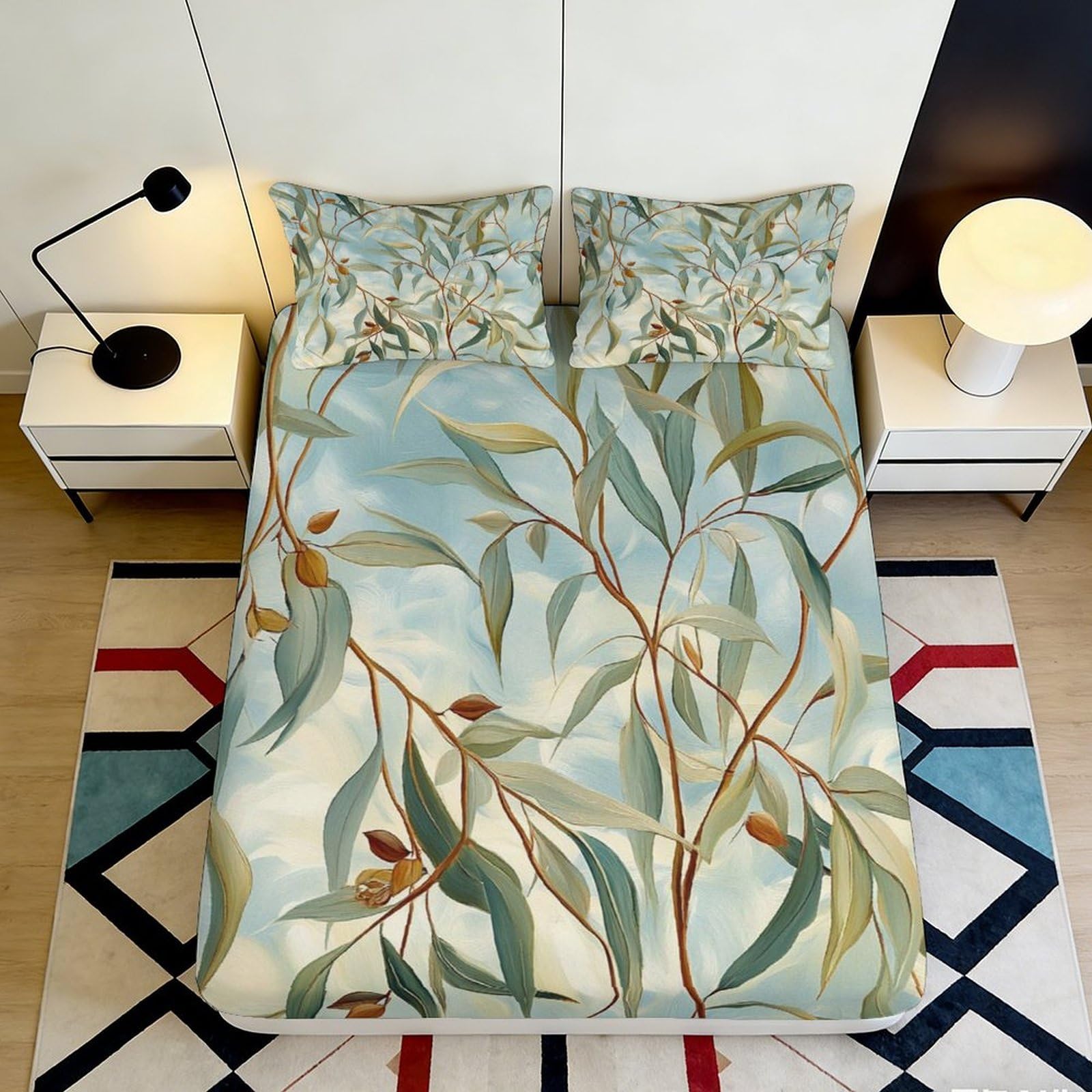 3D Printed Botanical Leaf Fitted Sheet Microfiber Soft Breathable Floral Branch Bed Cover for Bedroom Dormitory Guest Room Mattress Protection Decor 140x200x25cm