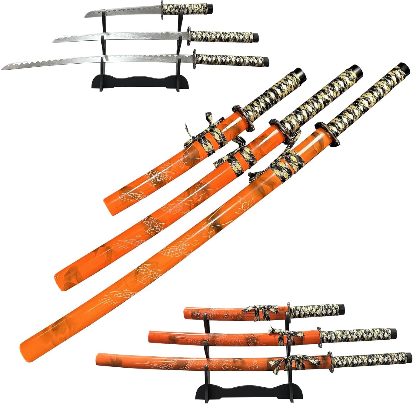 Decorative Samurai Sword Set, 3-Piece Katana Collection with Display Stand, 39.3/31.1/20.4 inches