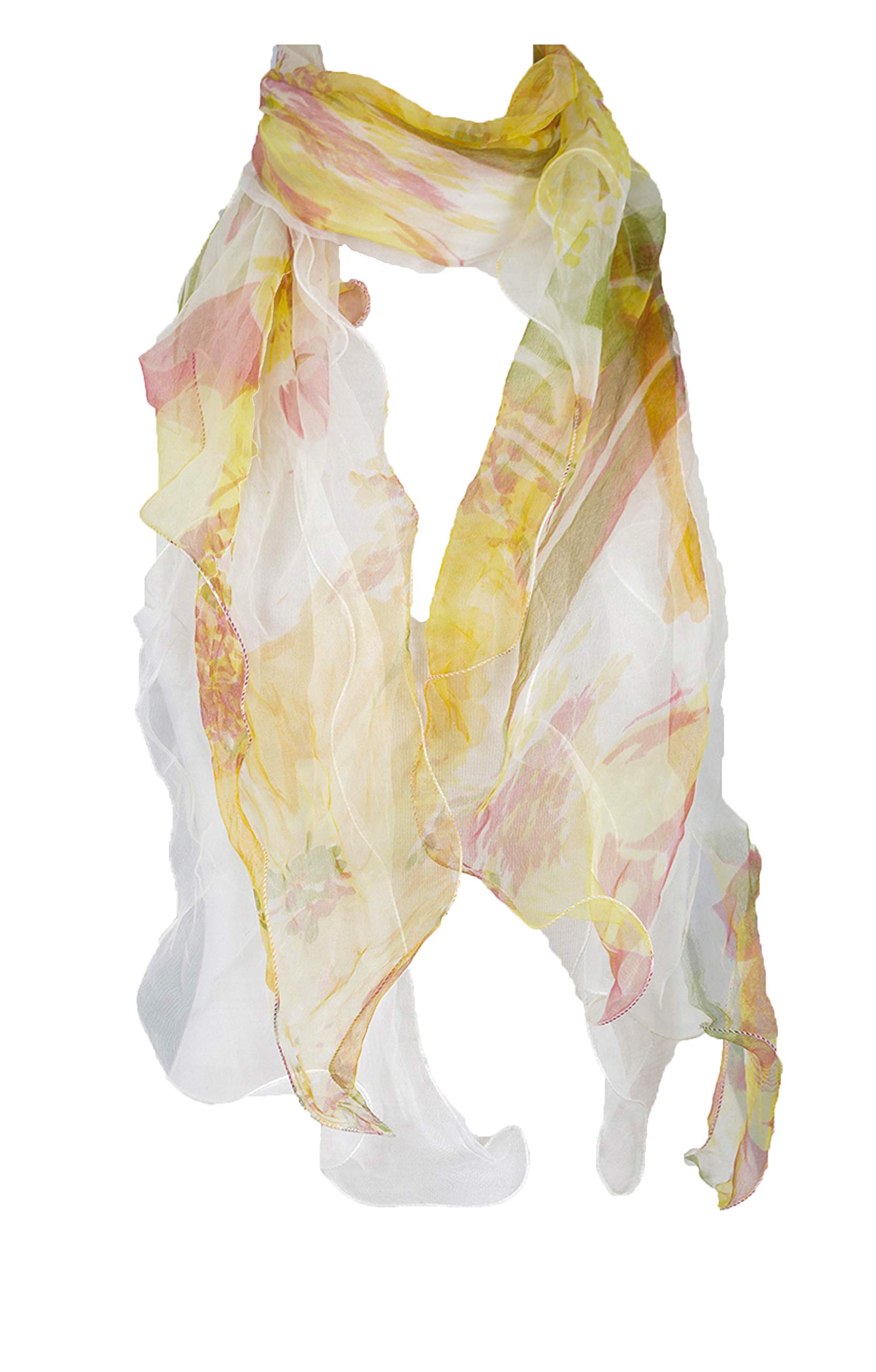 Double Layer 100% Silk, Floral Ruffle Silk Scarf, Summer scarf (Yellow/Green)
