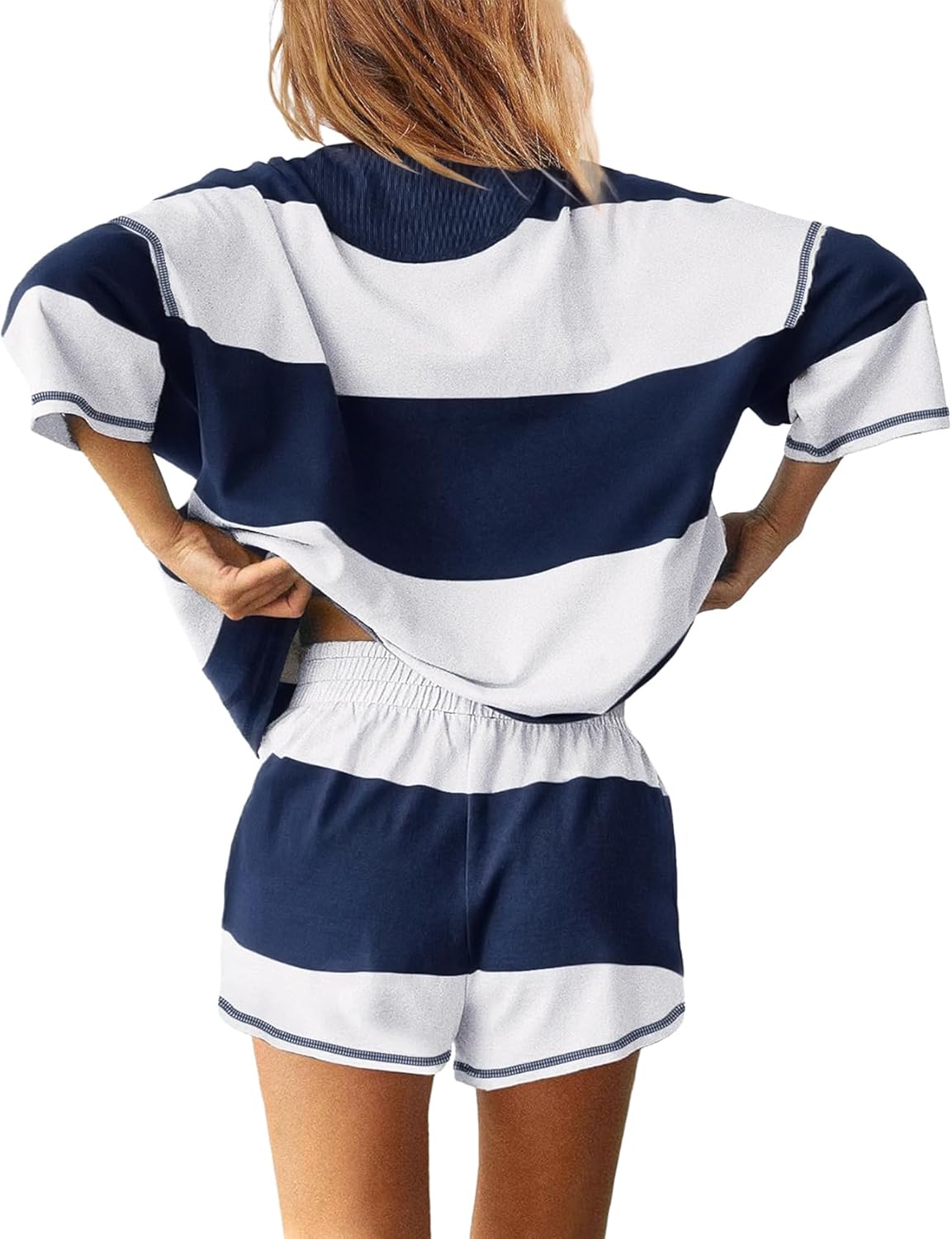 Wyeysyt Womens Striped 2 Piece Sets Summer Workout Outfits Oversized Lounge Set Going Out Pullover and Shorts - Image 2