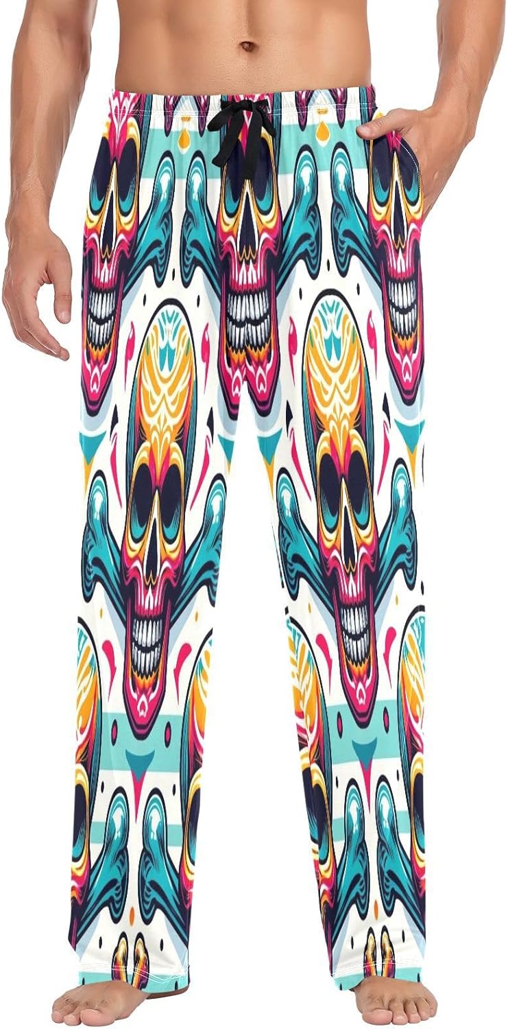 ALAZA Skull Bone Polka Dots Men's Pajama Pants Men Cotton Pajama Bottoms with Pockets, S