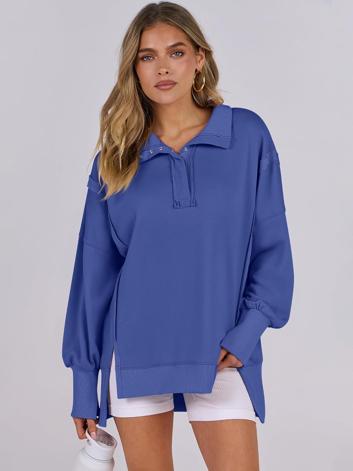 ANRABESS Women's Sweatshirts Oversized Casual Loose Button Up Henley Pullover Top High Low Split 2025 Fall Fashion Outfits - Image 5
