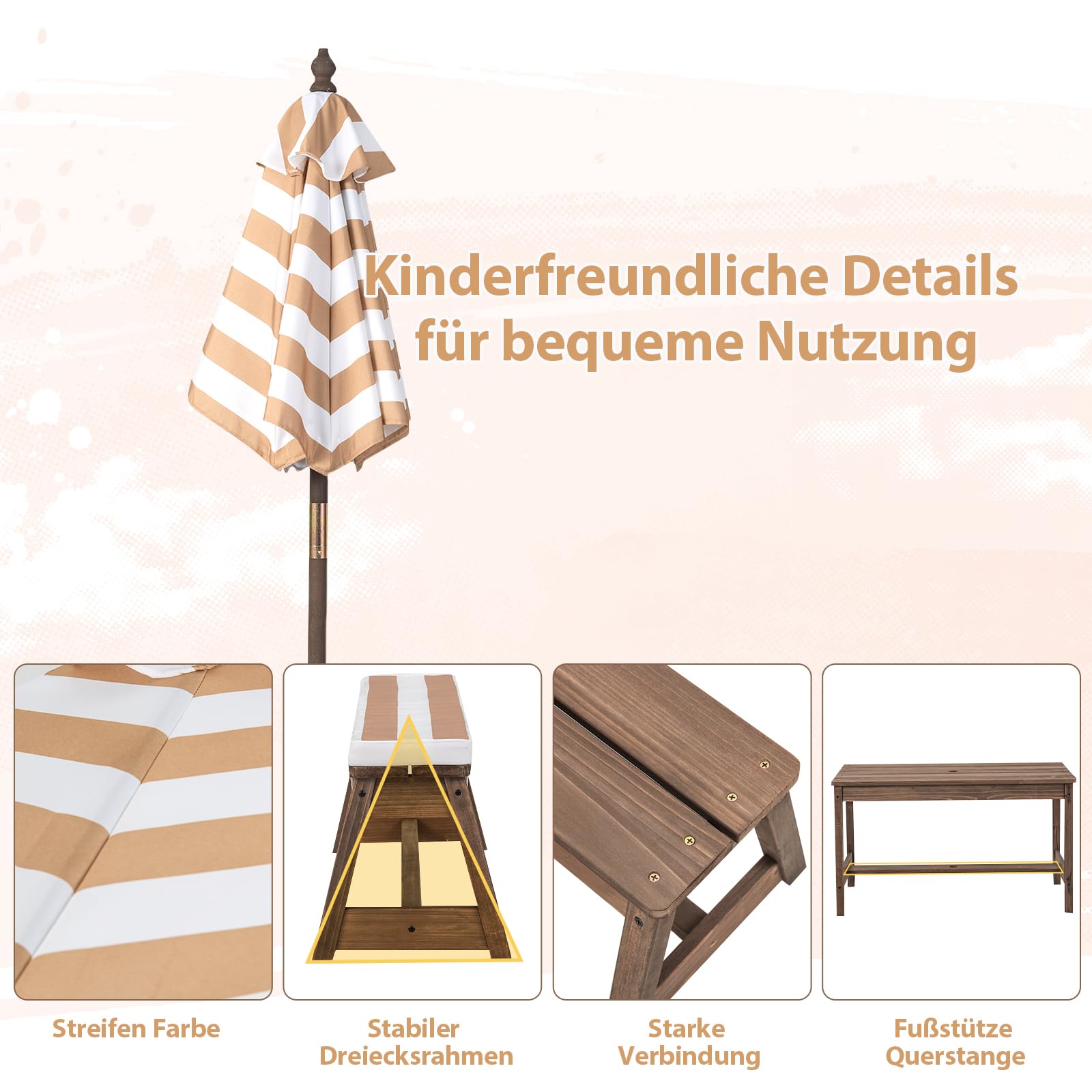 SOARS Set di Tavolo Picnic per Bambini con Ombrellone Regolabile, Panche per Bambini in Legno di Abete con Parasole e Cuscini Morbidi, Tavolo e Panchine Pranzo da Giardino e Parco (Marrone)