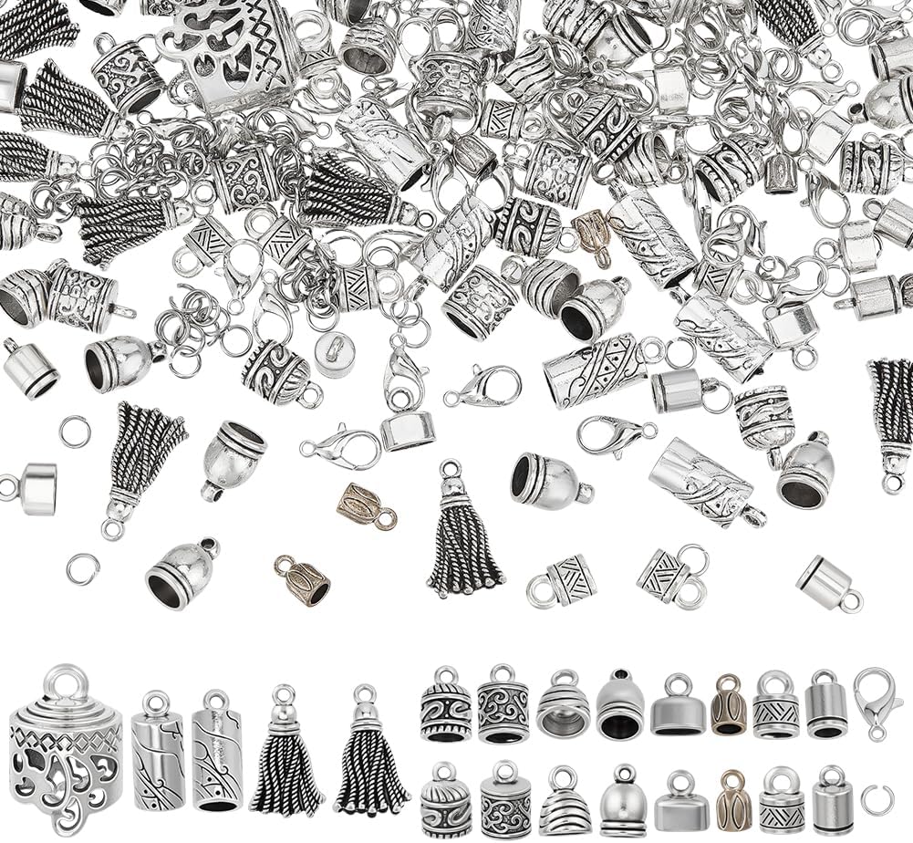 PH PandaHall 104PCS Cord End Cap, 11 Styles Glue in Leather Cord End Tassel Caps Alloy End Caps with 57PCS Lobster Claw Clasps and 114PCS Jump Ring for Tassels Jewelry Craft Making, Antique Silver