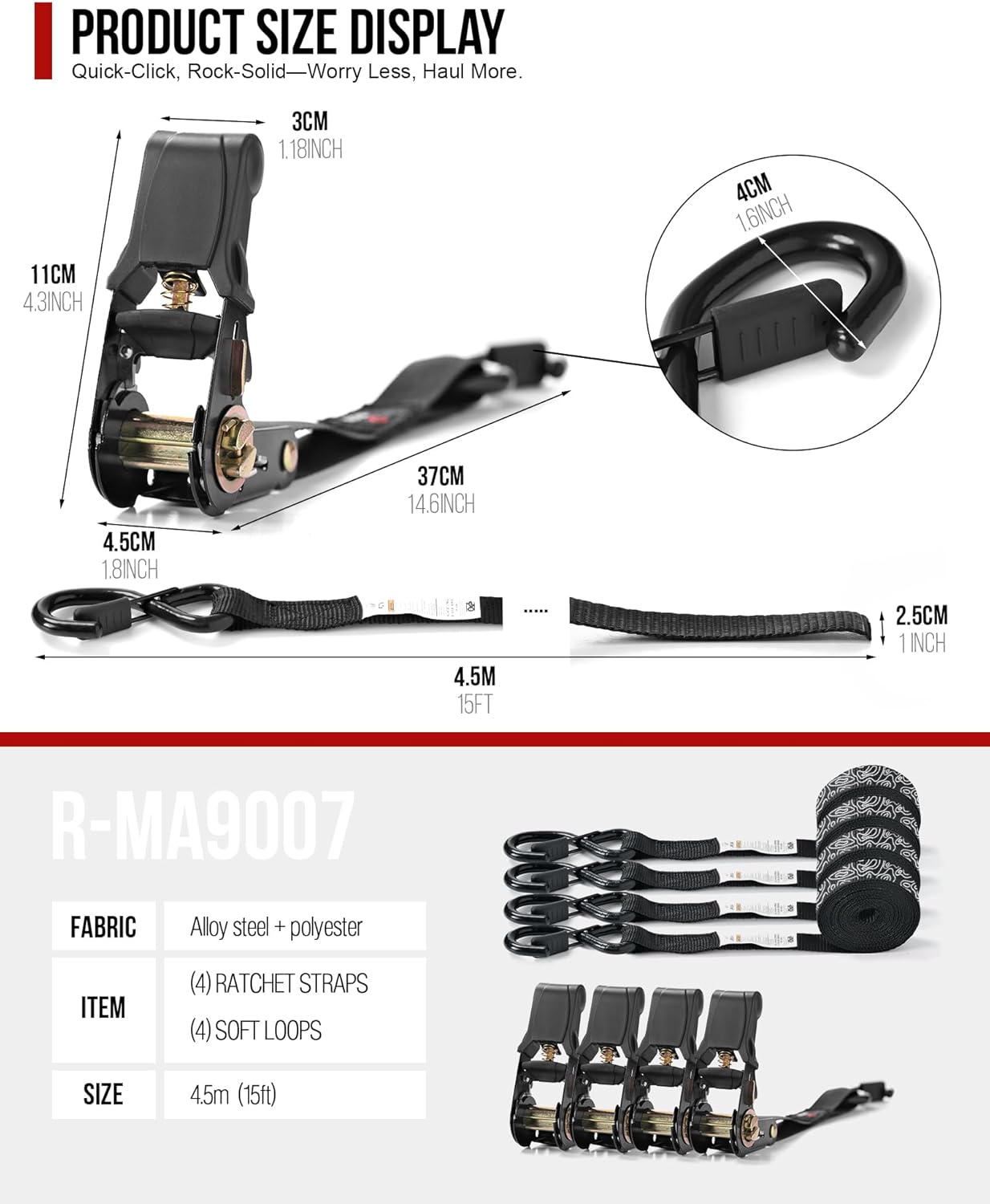 Ratchet Straps (4 PK) 15 Feet (1,823lb Break Strength) Heavy Duty Tie Down Strap with S Hook Black for Packing Motorcycle Truck Cargo - Image 4