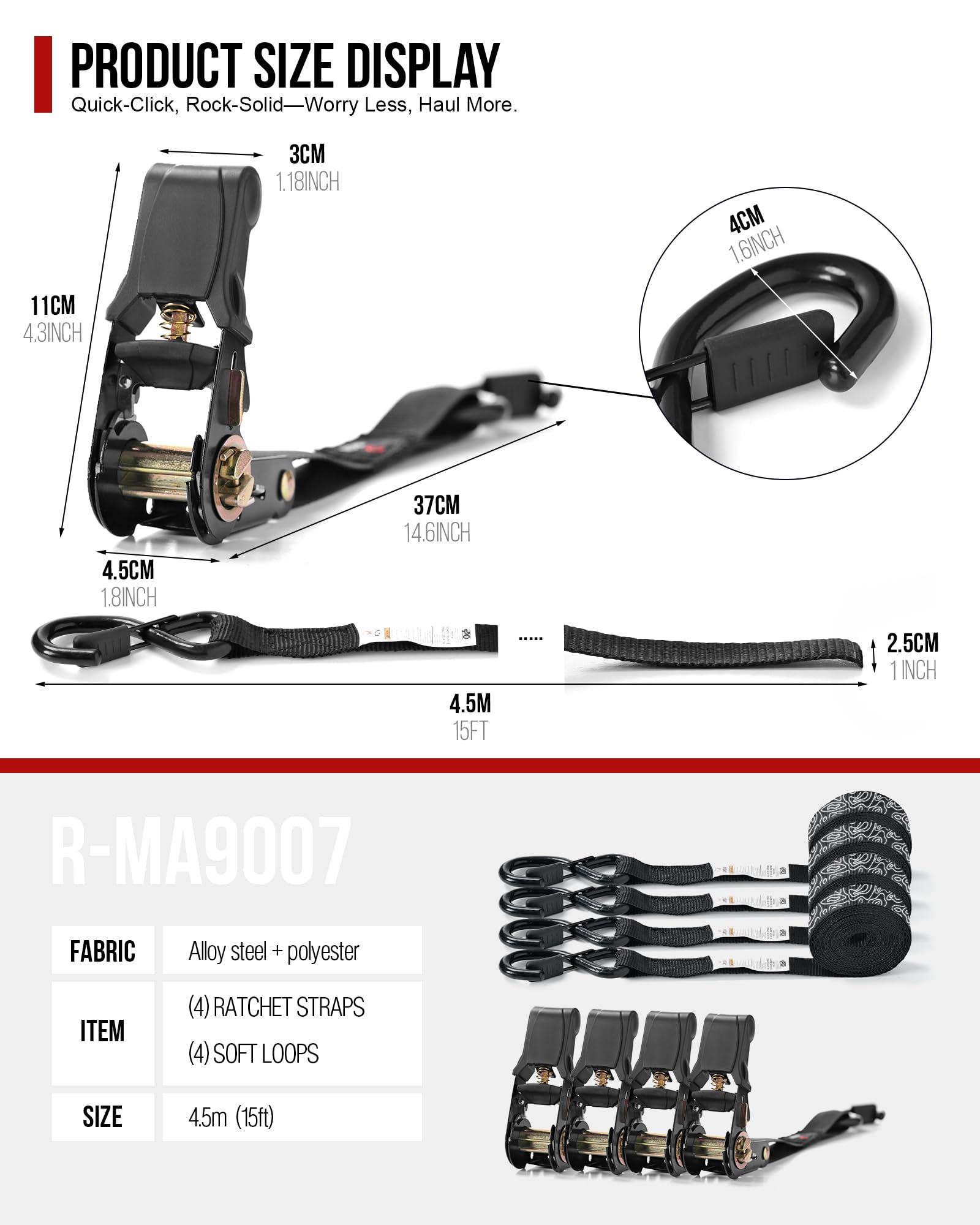 RIDEIRON Sangles à Cliquet 4X - 1"×15ft (275 Kg/827 Kg) - Sangles D