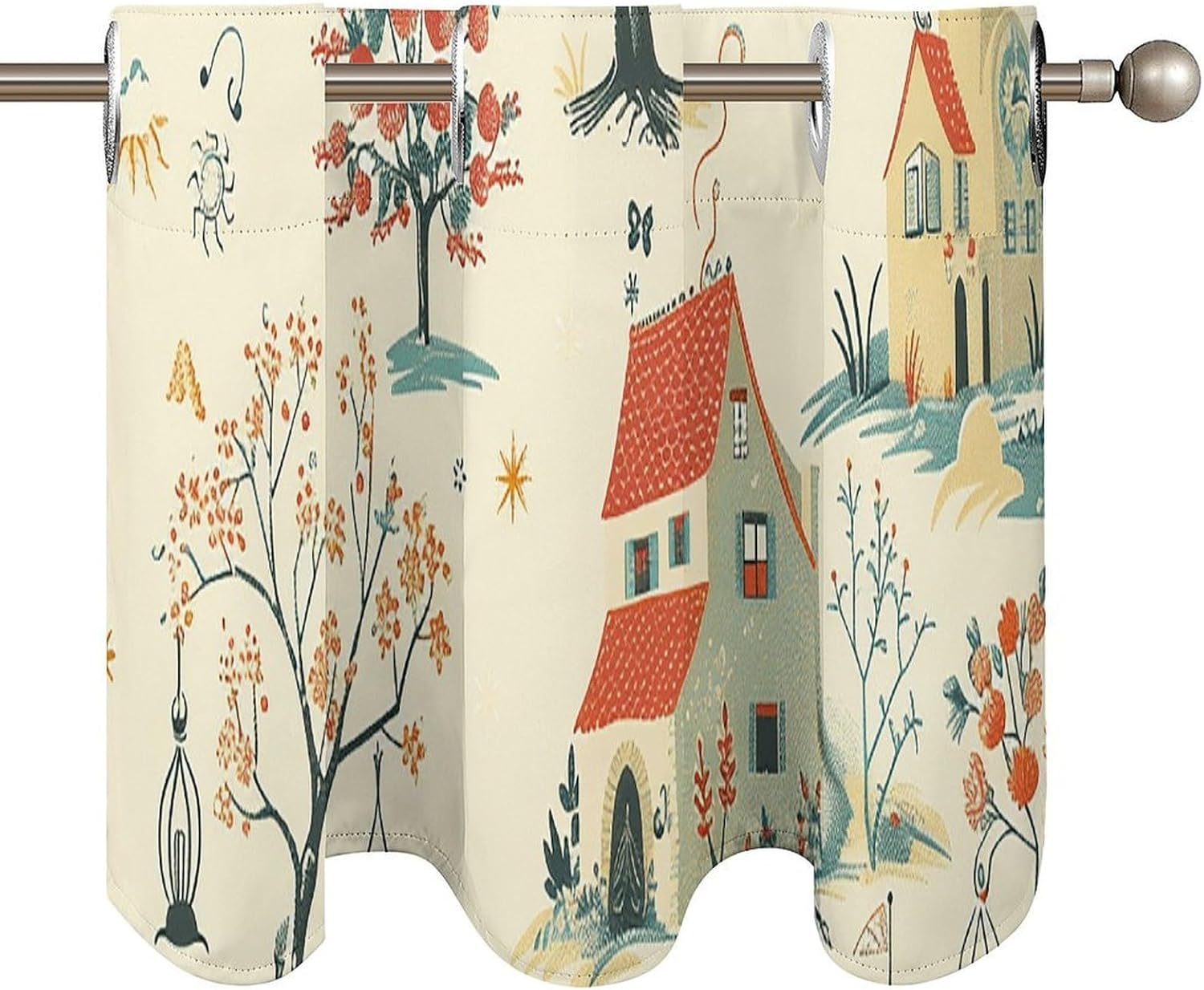 House and Trees Valance for Windows, 2 Pack Kitchen Curtains Modern Home Decor, Soft Blackout Window Curtains for Living Room & Bedroom, 18 X 52 Inch