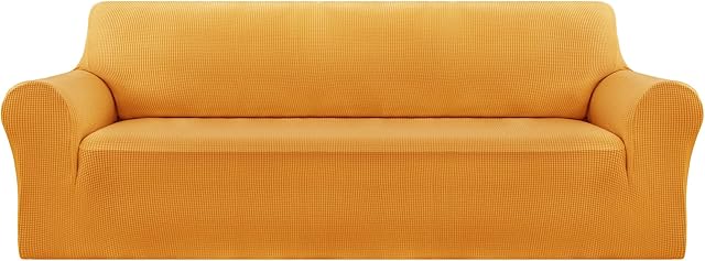 Deconovo Jacquard Sofa Covers Full Coverage Stretch Slipcovers Small Checks Polyester Anti-Slip Spandex Fabric Sofa Fabric Protector Couch Cover(Three Seater, Orange)