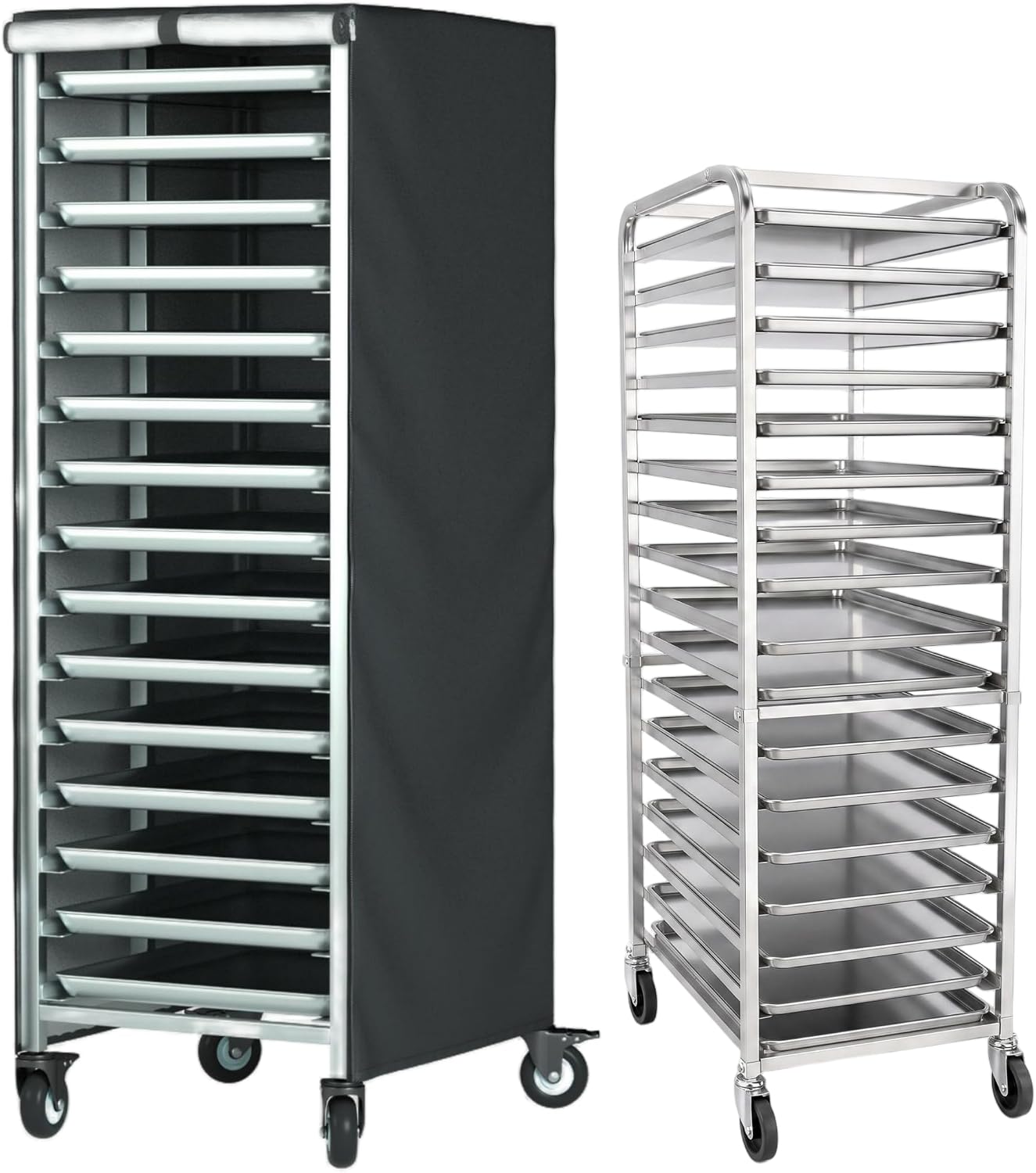 Commercial 20-Tier Bun Pan Rack with Cover Bundle – Heavy-Duty Aluminum Bakery Storage Rack, 360° Swivel Casters, Waterproof Dustproof Oxford Fabric Cover for Bakery, Restaurant & Café