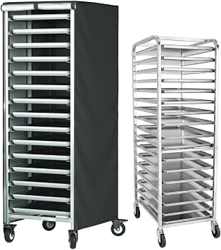 Commercial 20-Tier Bun Pan Rack with Cover Bundle Heavy-Duty Aluminum Bakery Storage Rack, 360 Swivel Casters, Waterproof Dustproof Oxford Fabric Cover for Bakery, Restaurant & Cafe
